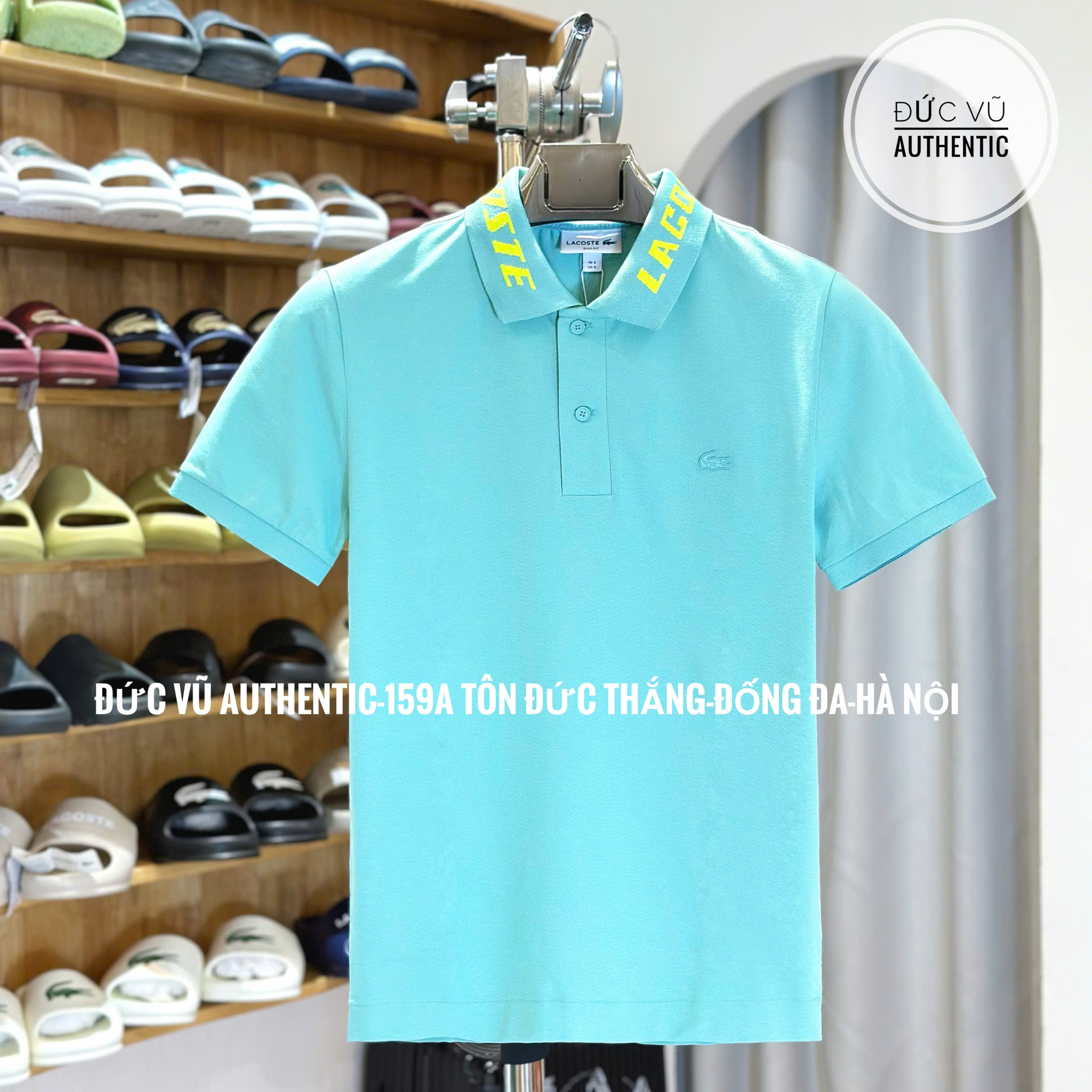 Áo polo nam Lacoste xanh ngọc cổ chữ vàng – phong cách trẻ trung nổi bật