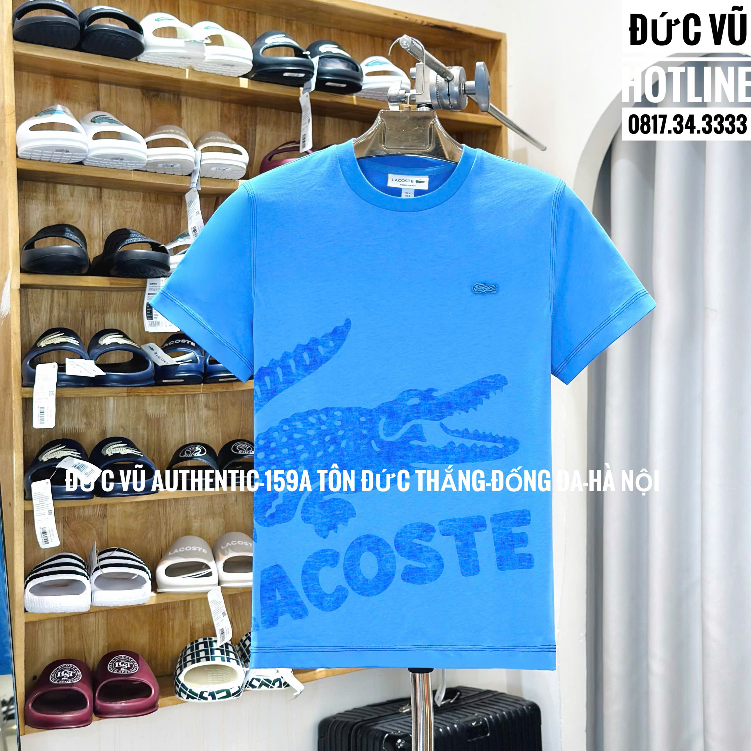 Áo thun nam Lacoste xanh dương – in cá sấu oversized phá cách