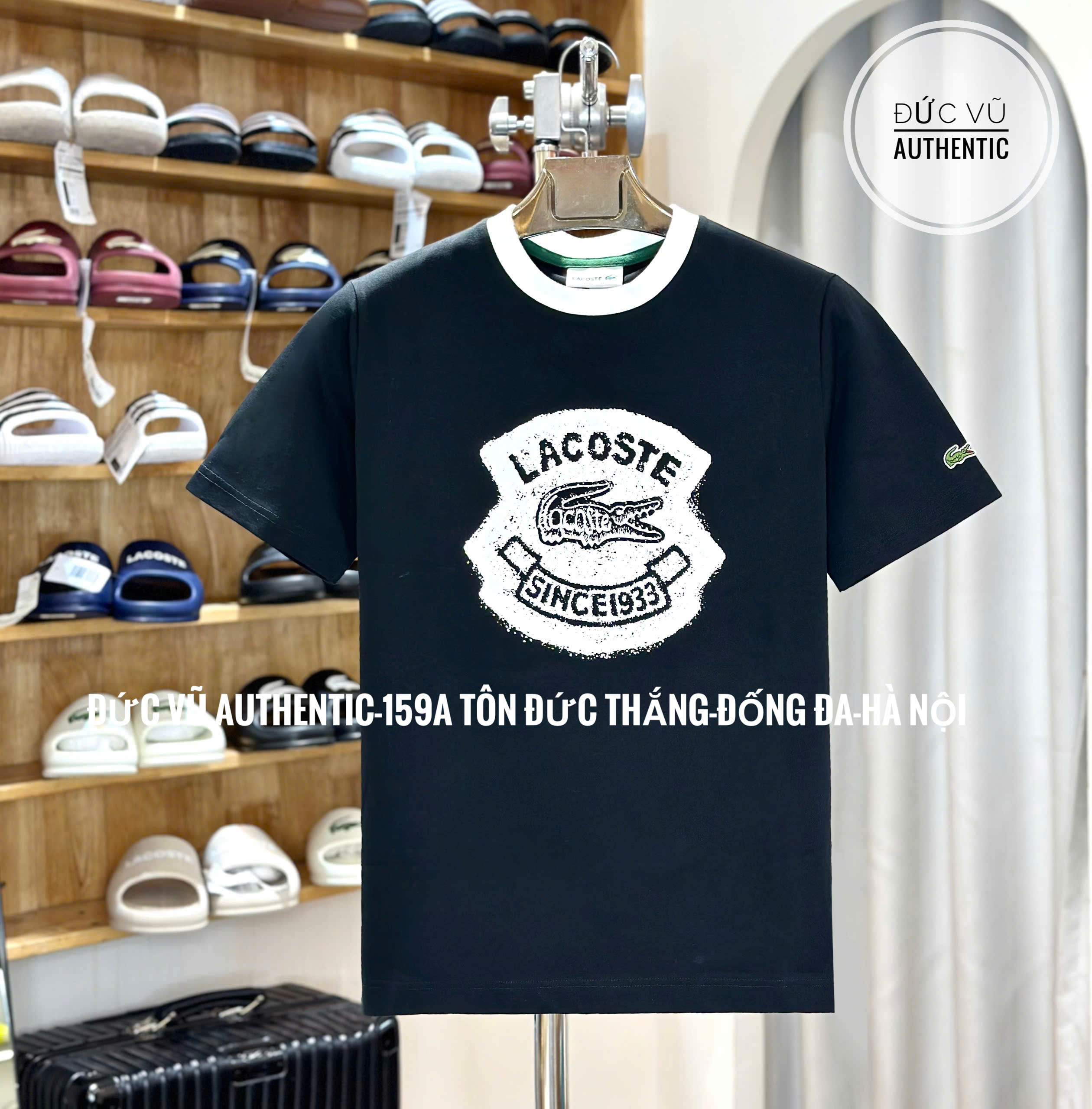 Áo thun nam Lacoste đen cổ trắng – họa tiết logo vintage “Since 1933”
