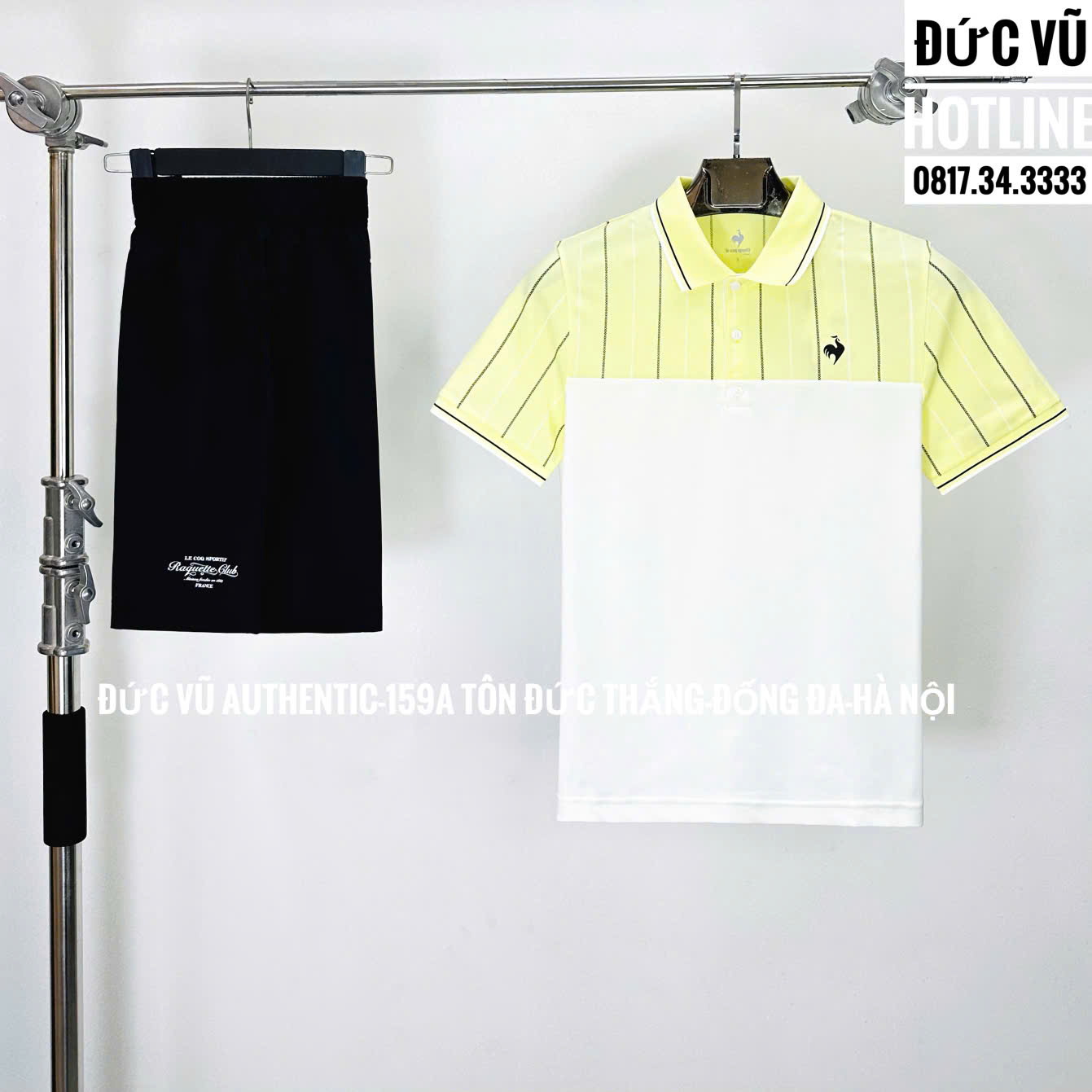 Set đồ thể thao nam Le Coq Sportif sọc vàng phối trắng + quần short đen