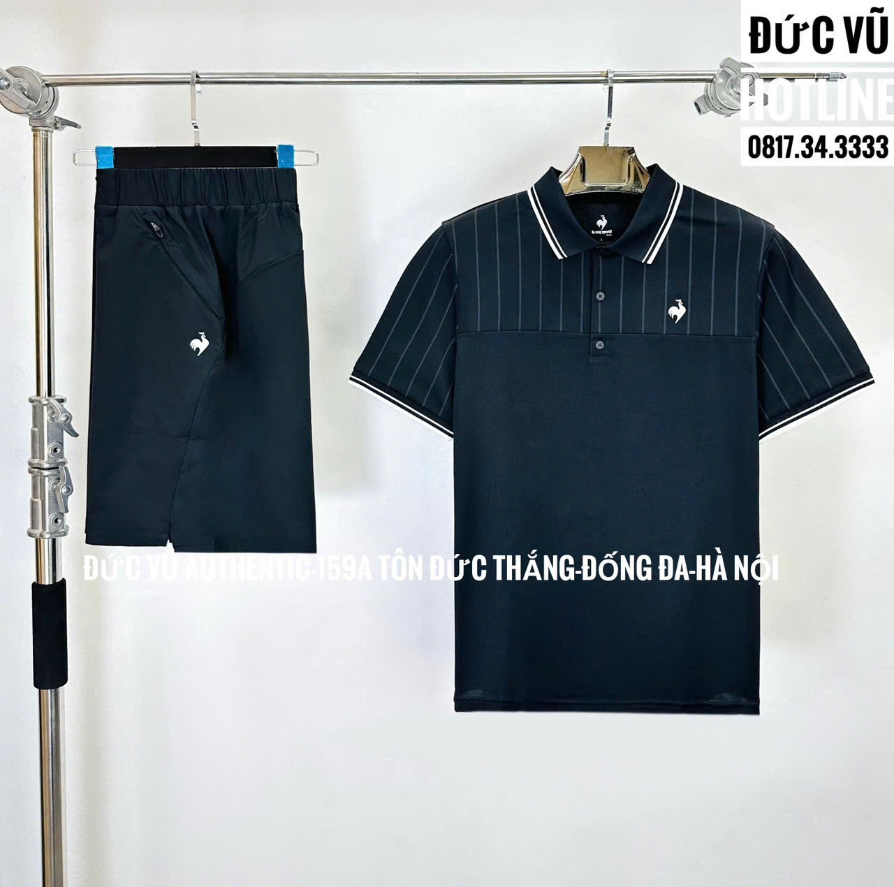 Set đồ thể thao nam Le Coq Sportif đen sọc trắng sang trọng