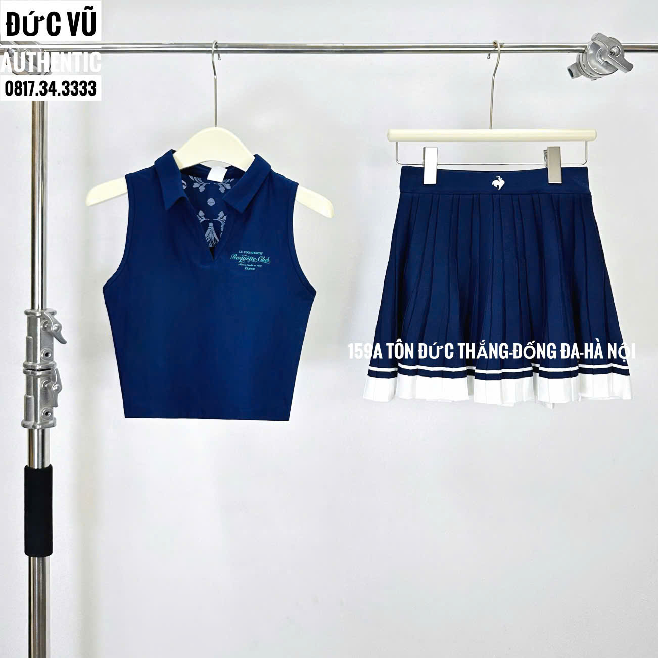 Set Đồ Thể Thao Nữ Le Coq Sportif Áo Sát Nách + Váy Tennis Xếp Ly Xanh Navy