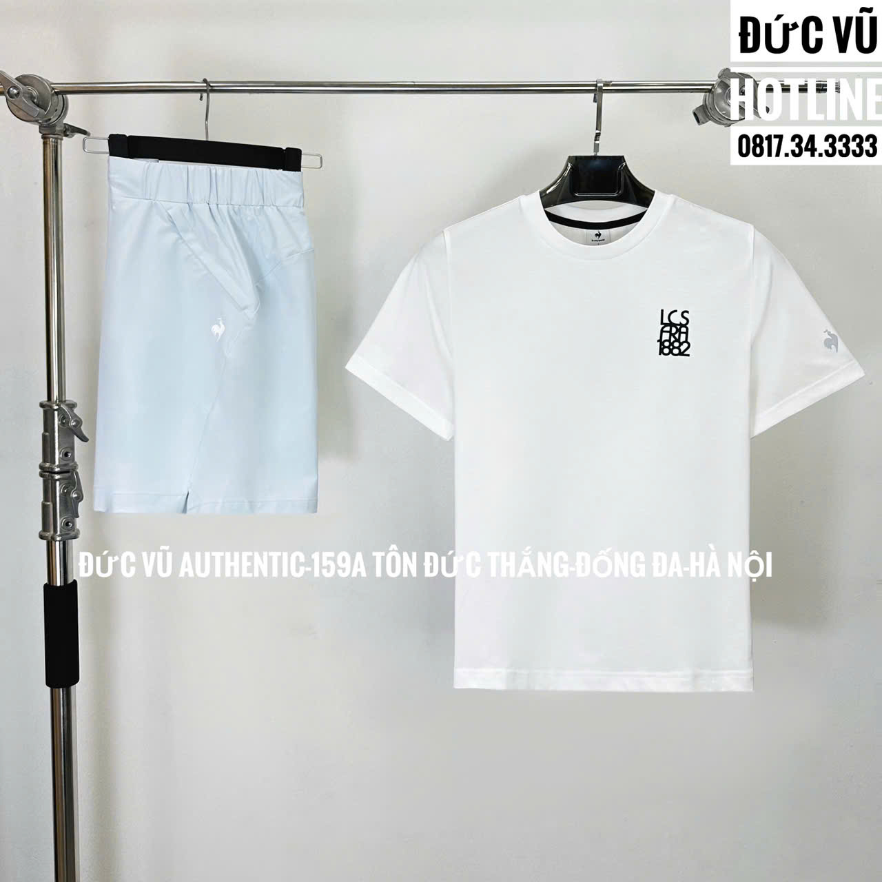 Set đồ thể thao nam Le Coq Sportif áo thun trắng logo tối giản + quần short xanh nhạt