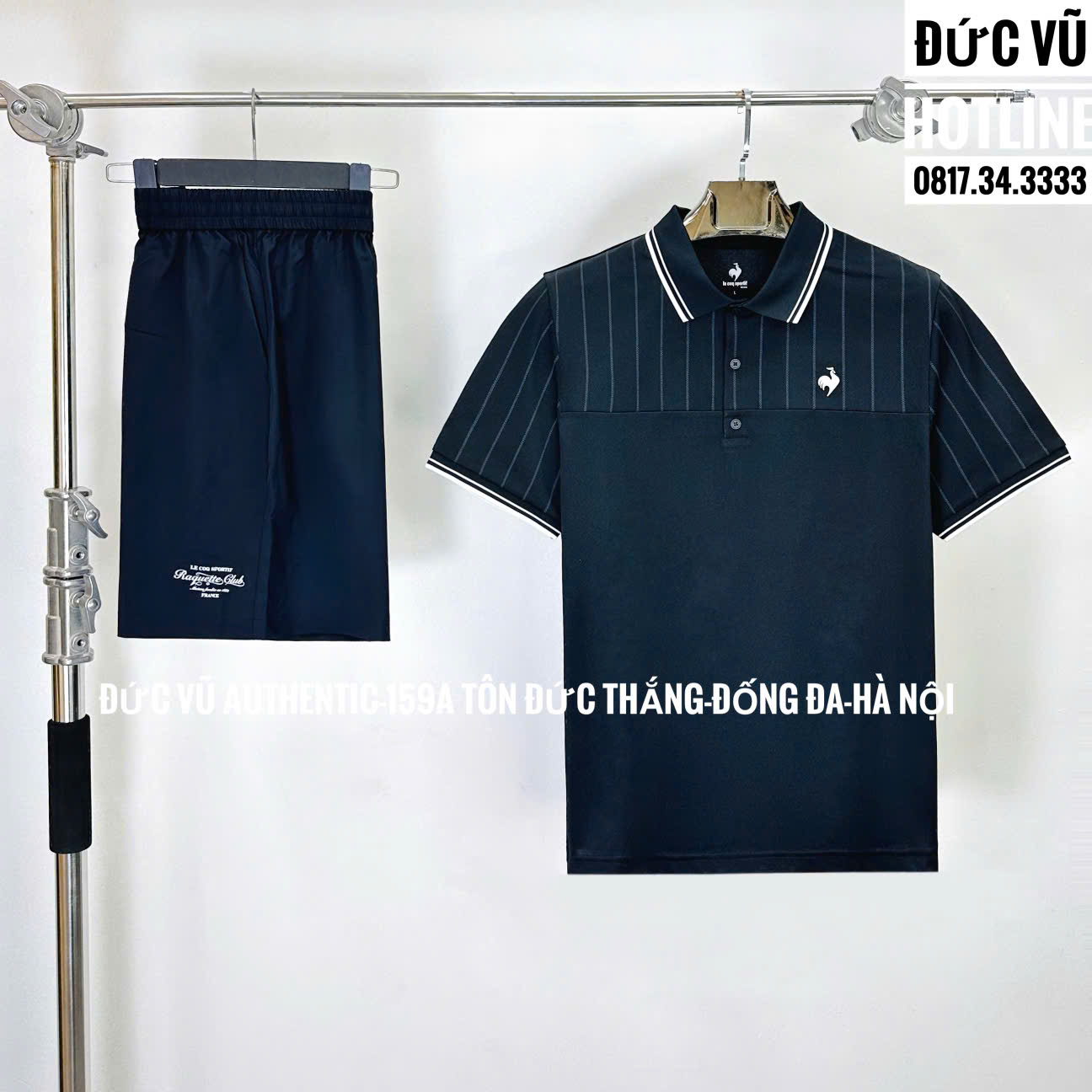 Set đồ thể thao nam Le Coq Sportif sọc xanh than phối trắng