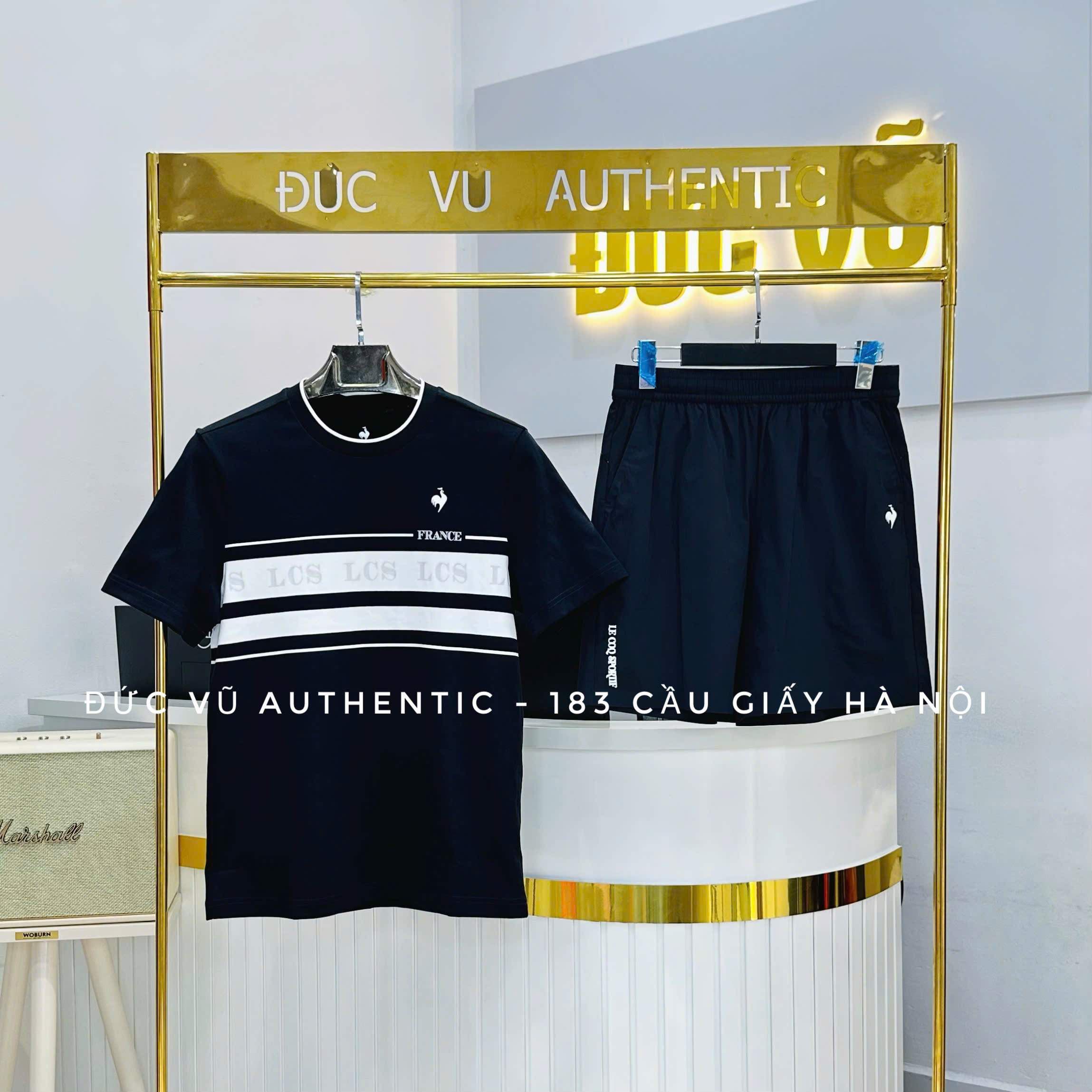 Set Đồ Thể Thao Nam Le Coq Sportif - Áo Thun Đen Phối Sọc & Quần Short Đen