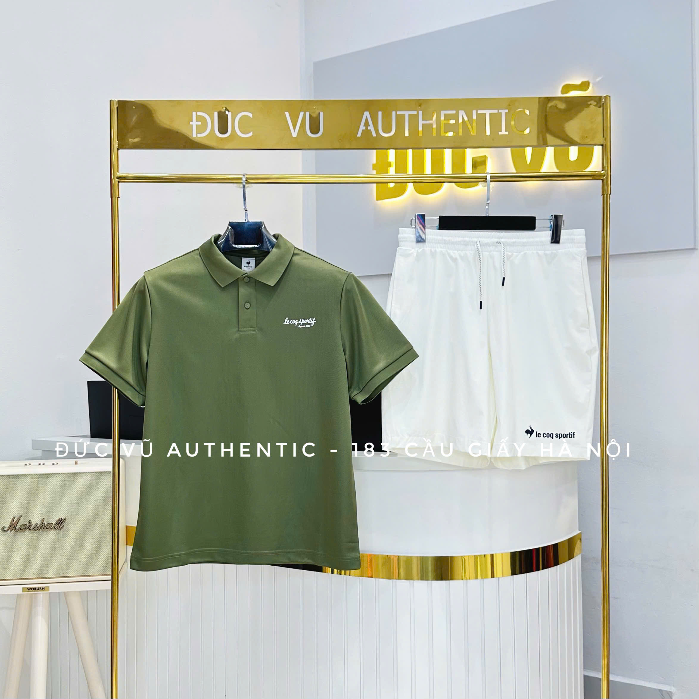 Set Đồ Thể Thao Nam Le Coq Sportif - Áo Polo Xanh Rêu & Quần Short Trắng