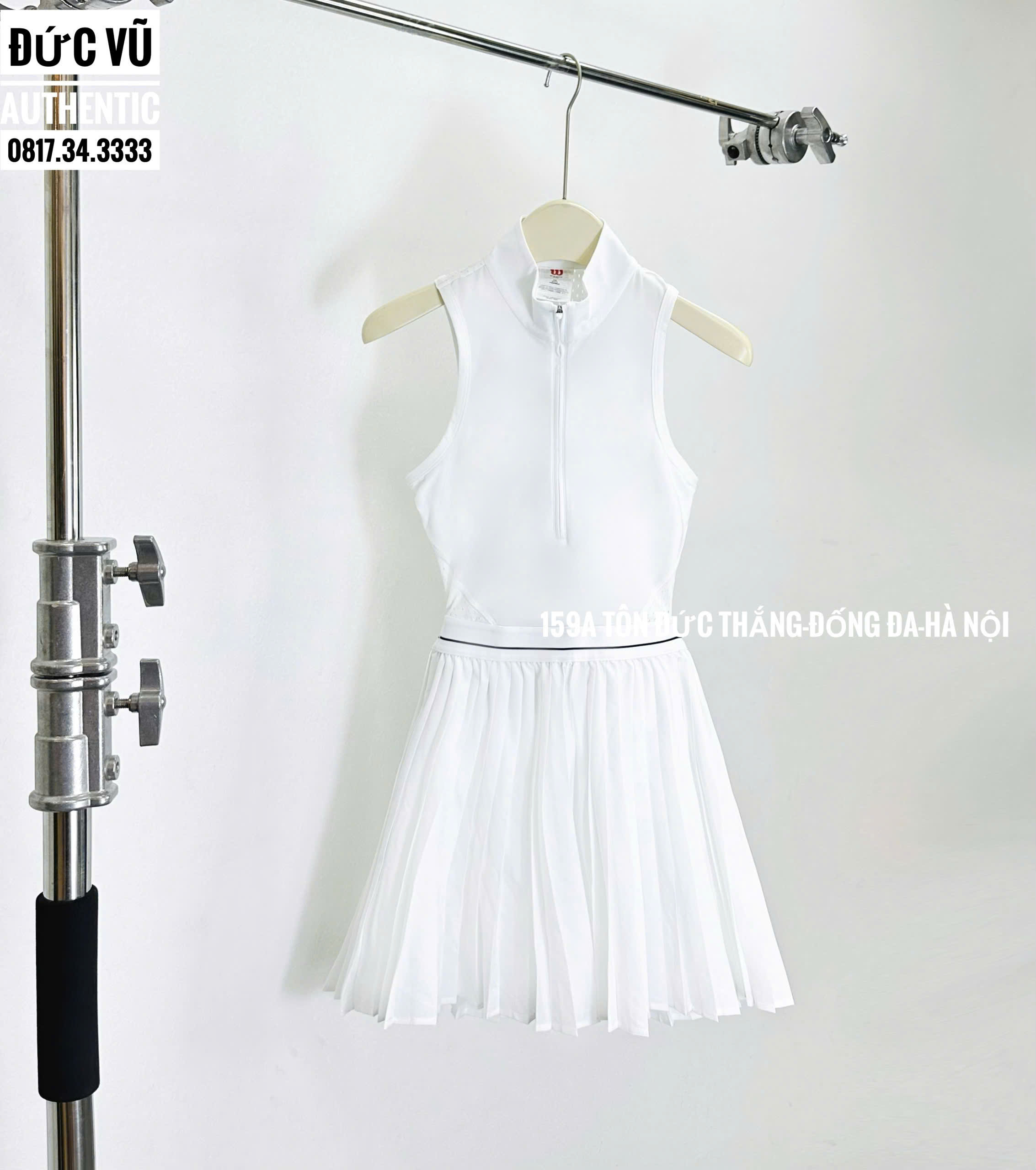 Đầm tennis nữ không tay cổ cao phối khóa kéo – Trắng tinh khôi