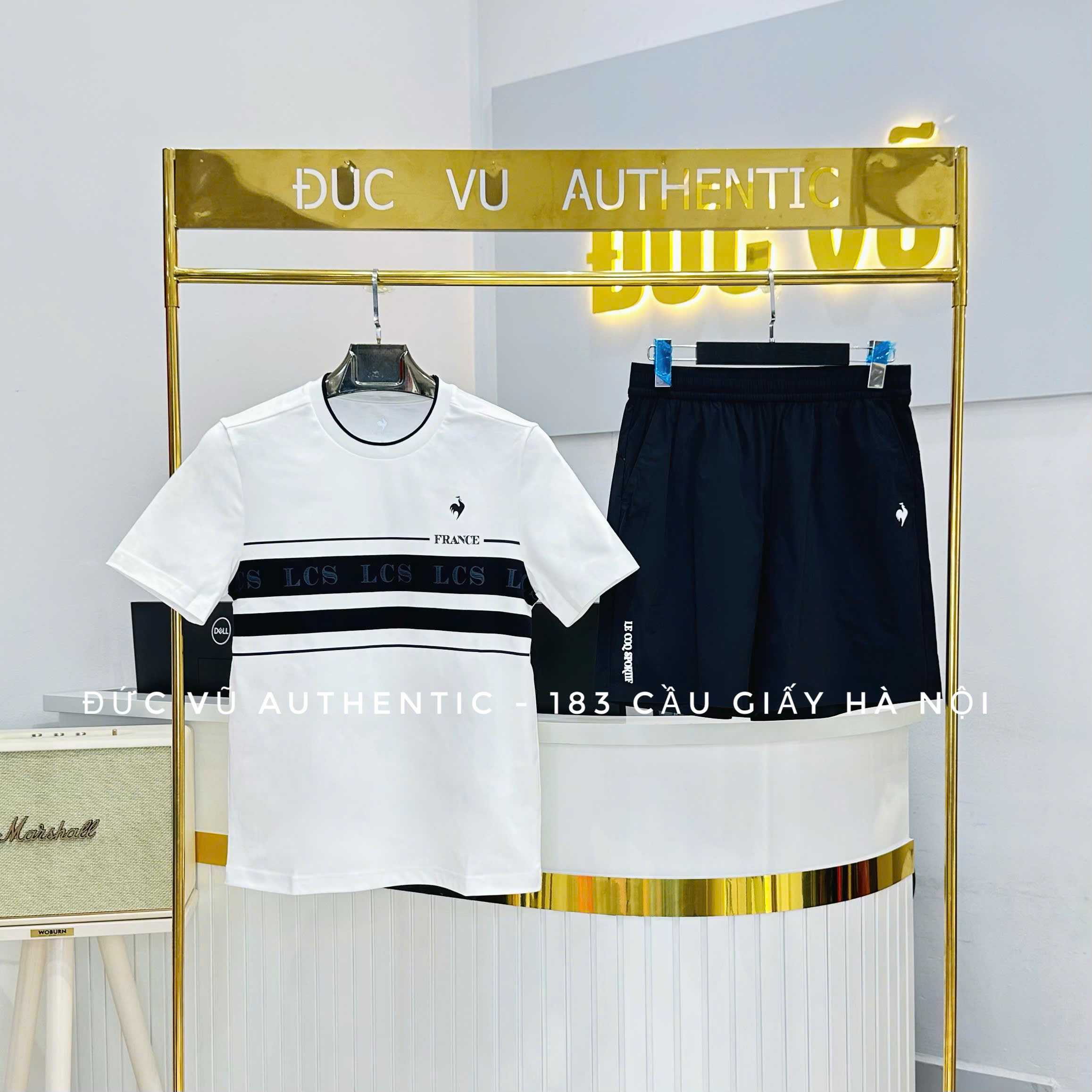 Set Đồ Thể Thao Nam Le Coq Sportif - Áo Thun Trắng Sọc Đen & Quần Short Đen