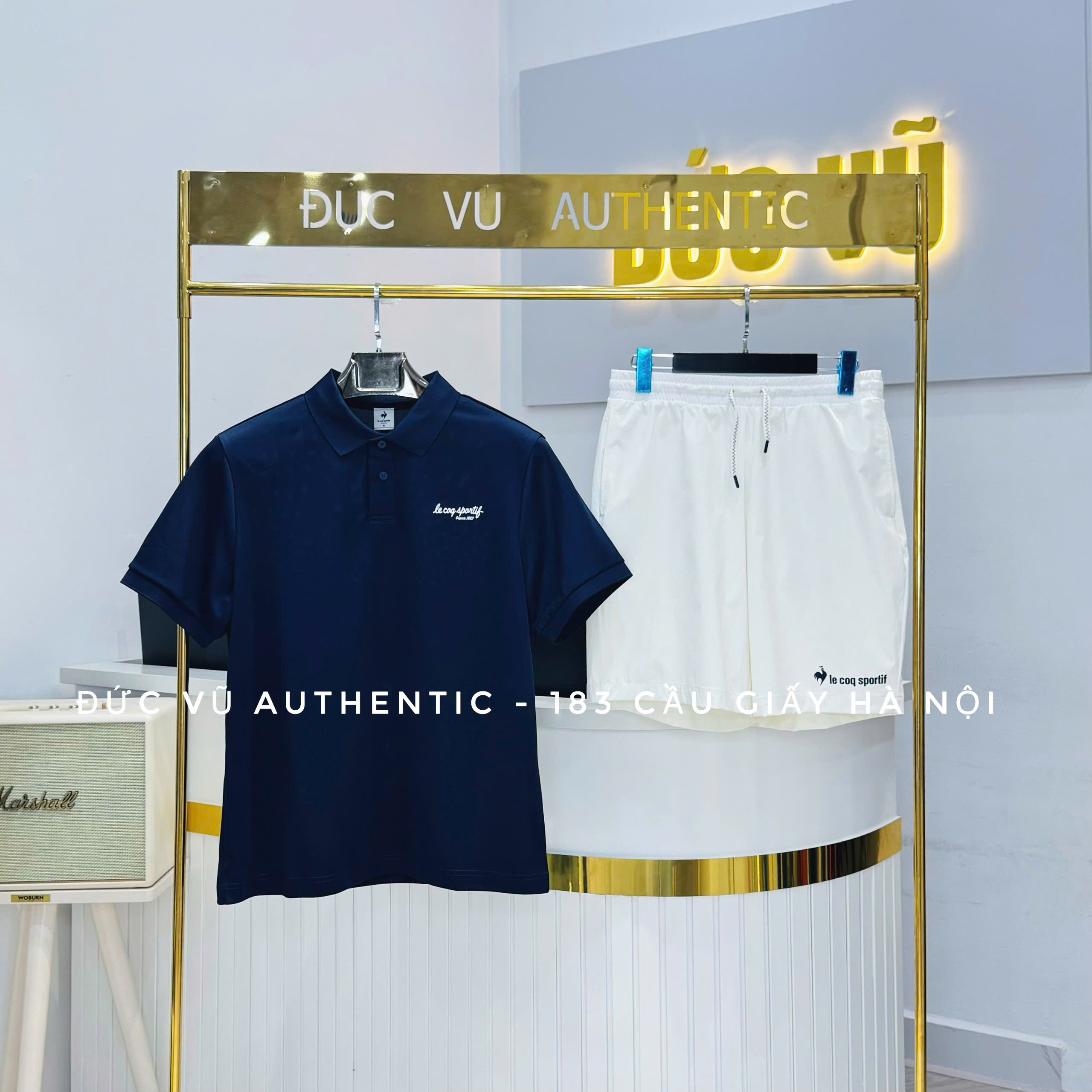 Set Đồ Thể Thao Nam Le Coq Sportif - Áo Polo Xanh Navy & Quần Short Trắng