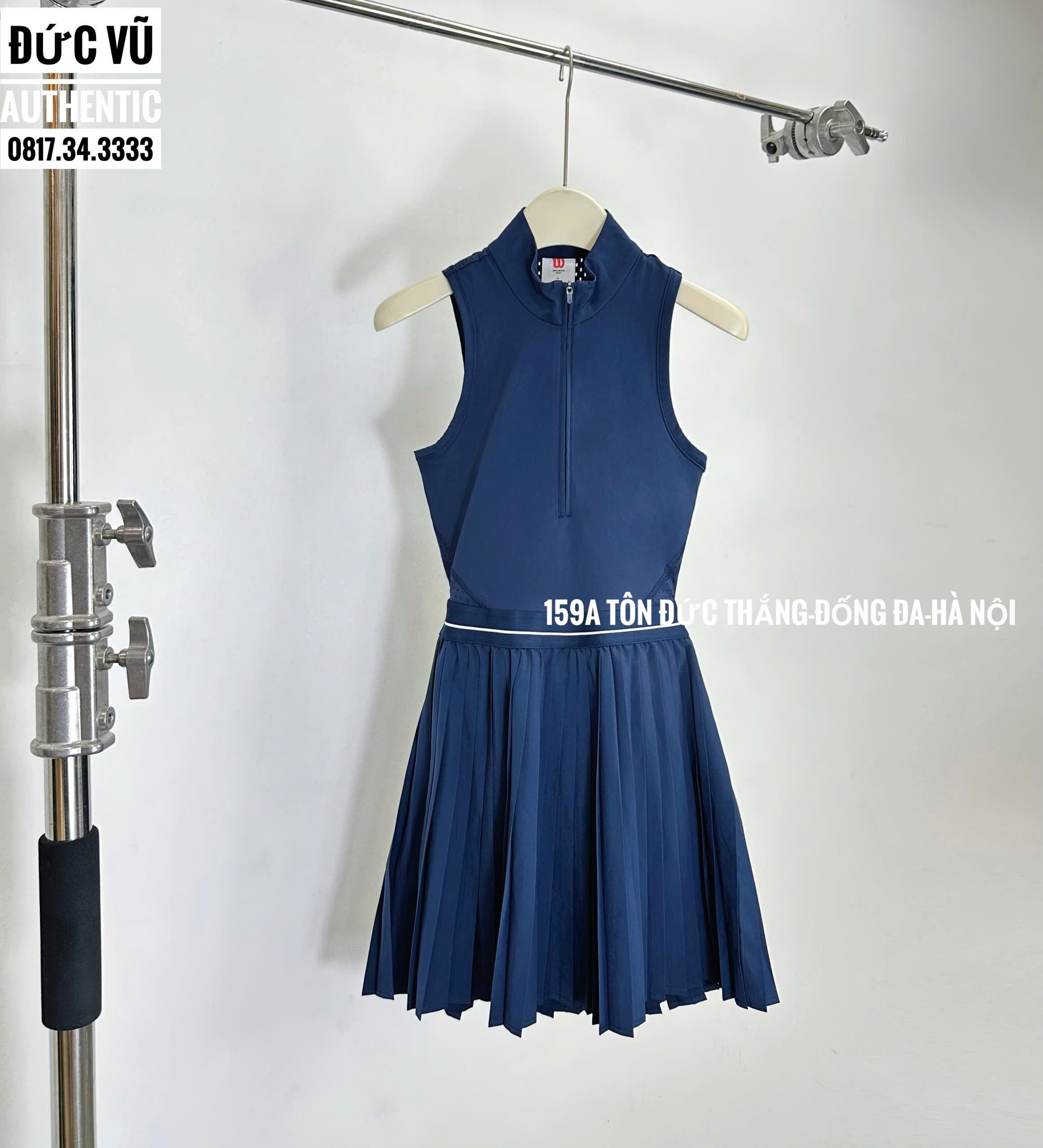 Đầm tennis nữ không tay cổ cao phối khóa kéo – Xanh navy