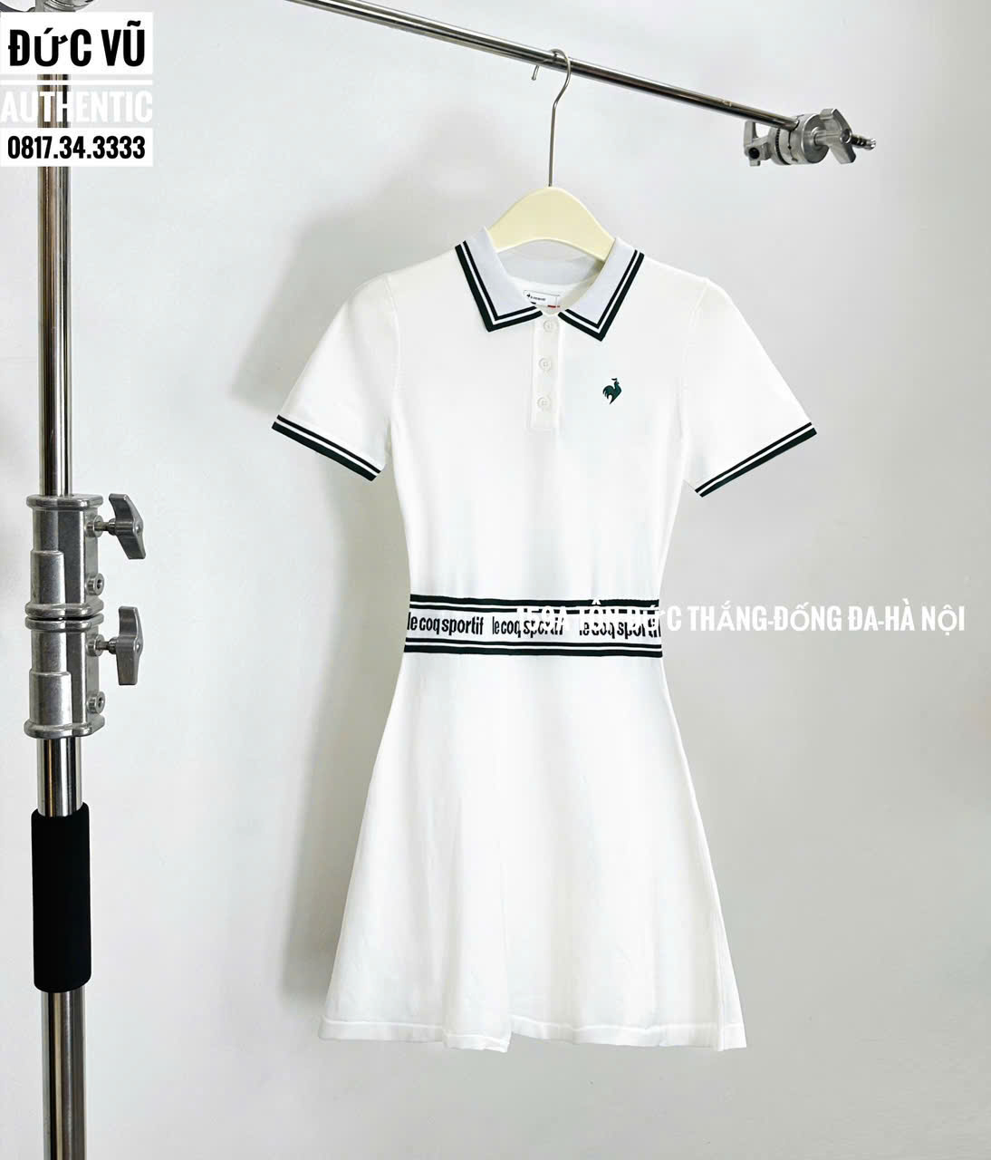 Váy Tennis Le Coq Sportif Trắng – Dáng Polo Ôm Eo Kẻ Sọc