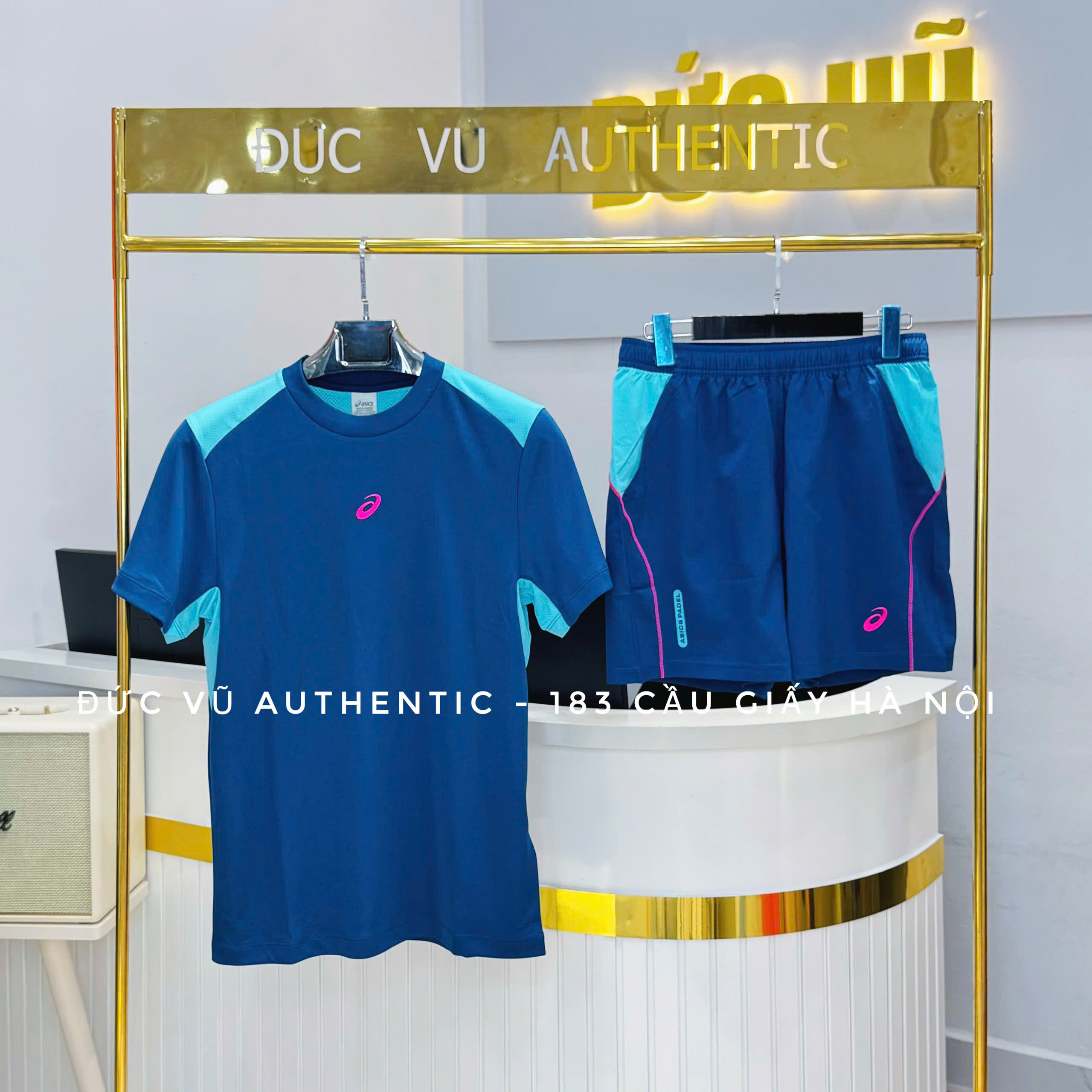 thể thao nam Asics xanh navy phối xanh ngọc & hồng neon