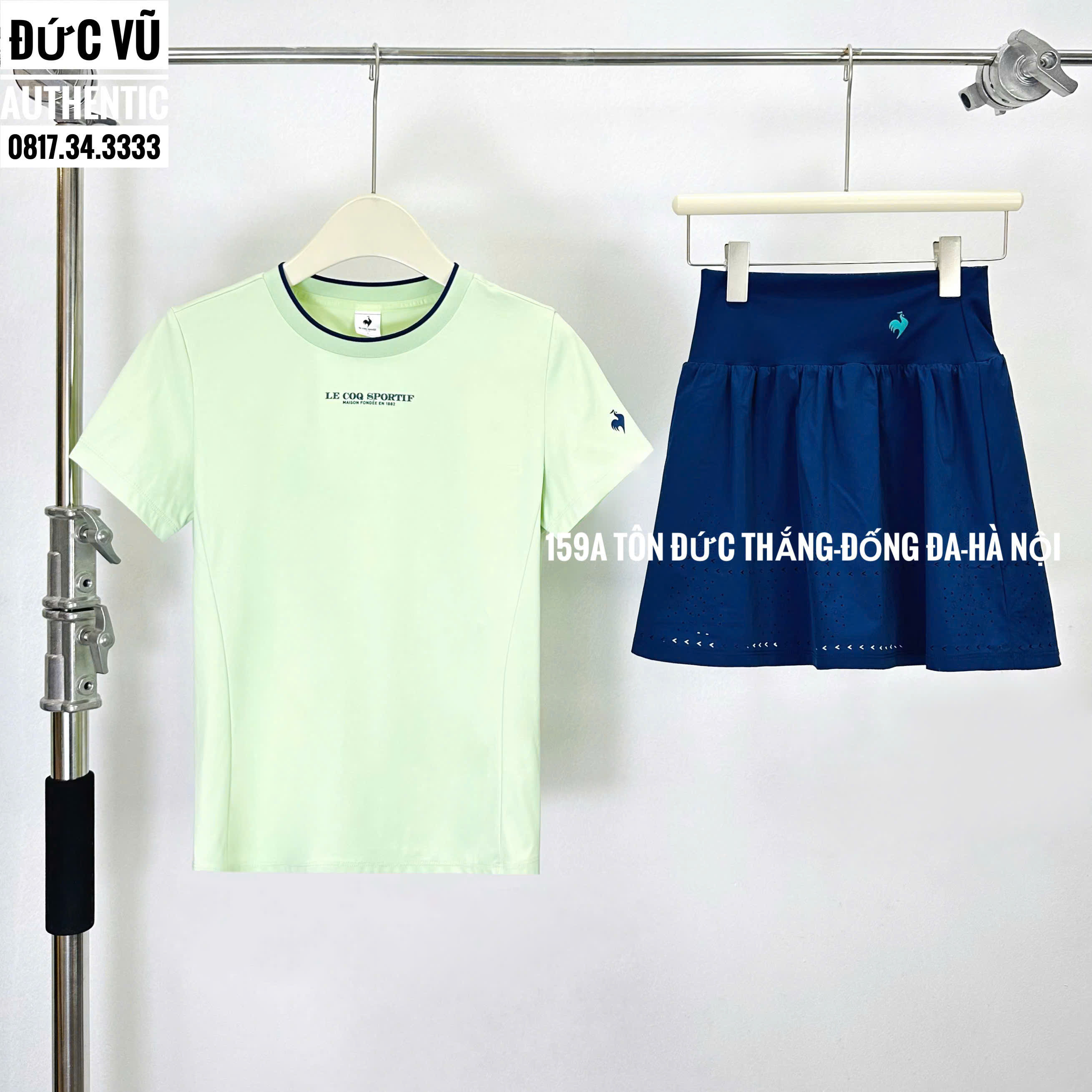 Set Đồ Thể Thao Nữ Le Coq Sportif Áo Xanh Bạc + Váy Tennis Xanh Navy