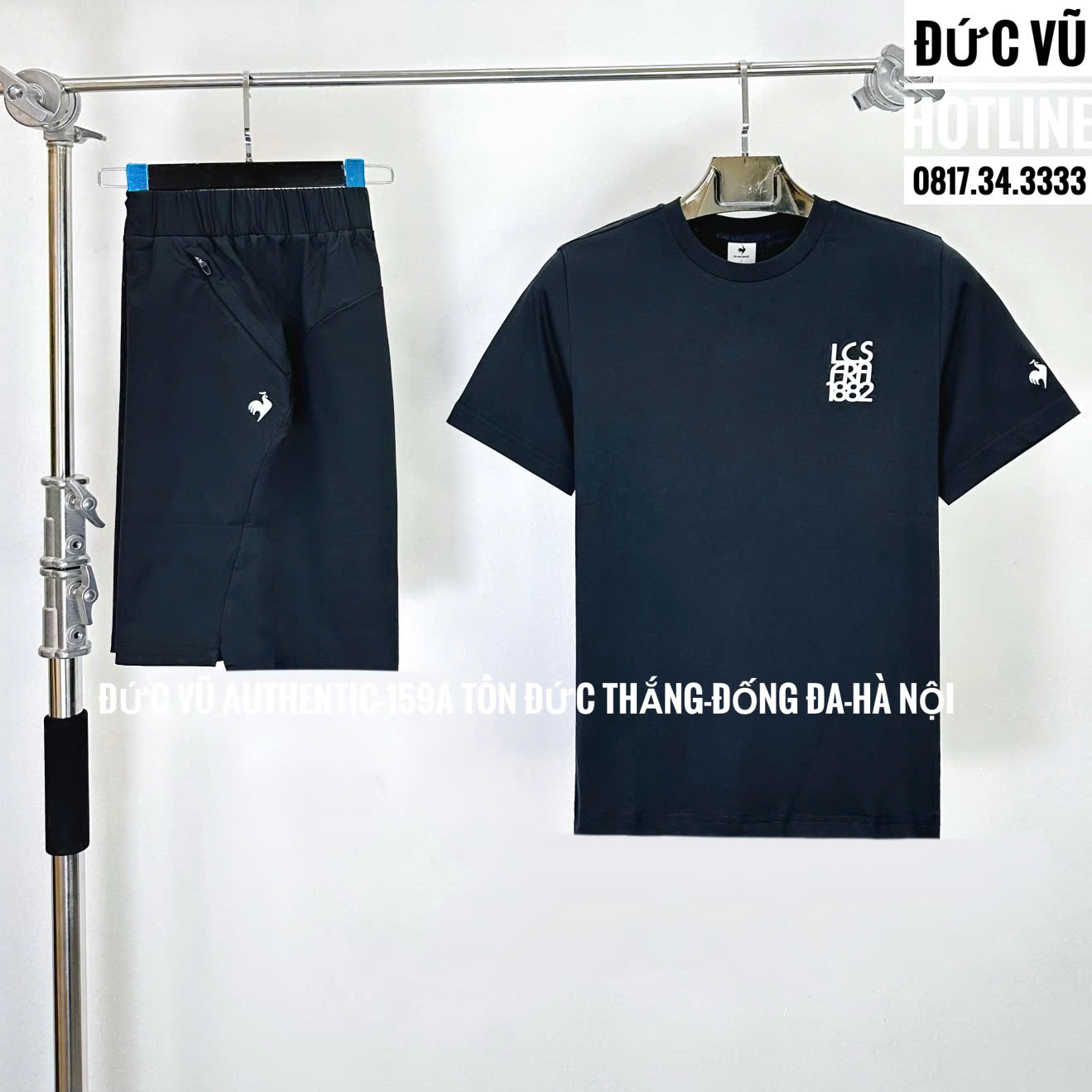 Set đồ thể thao nam Le Coq Sportif đen basic logo LCS 1882