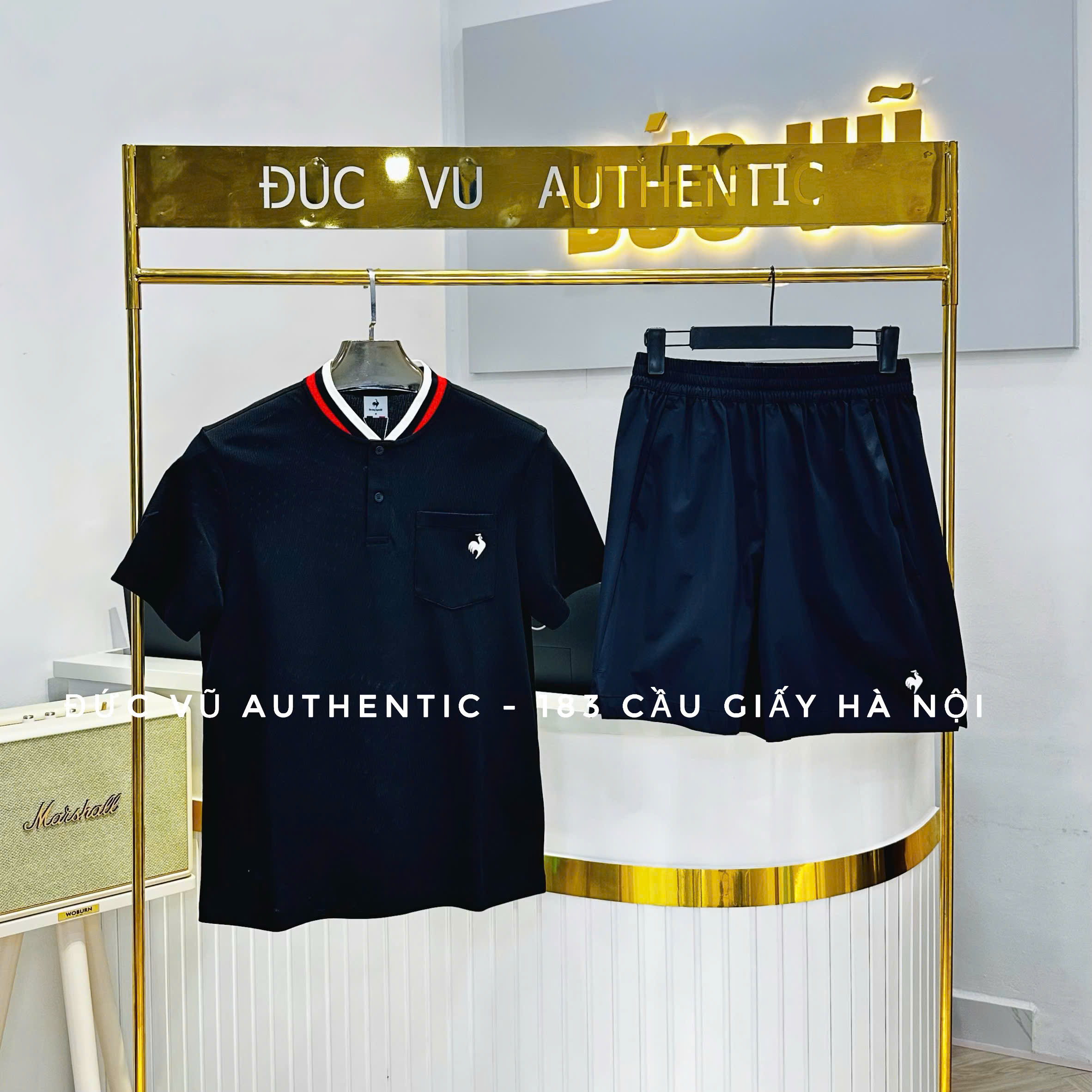 Set Le Coq Sportif polo đen phối cổ viền – Áo polo & quần short thể thao nam