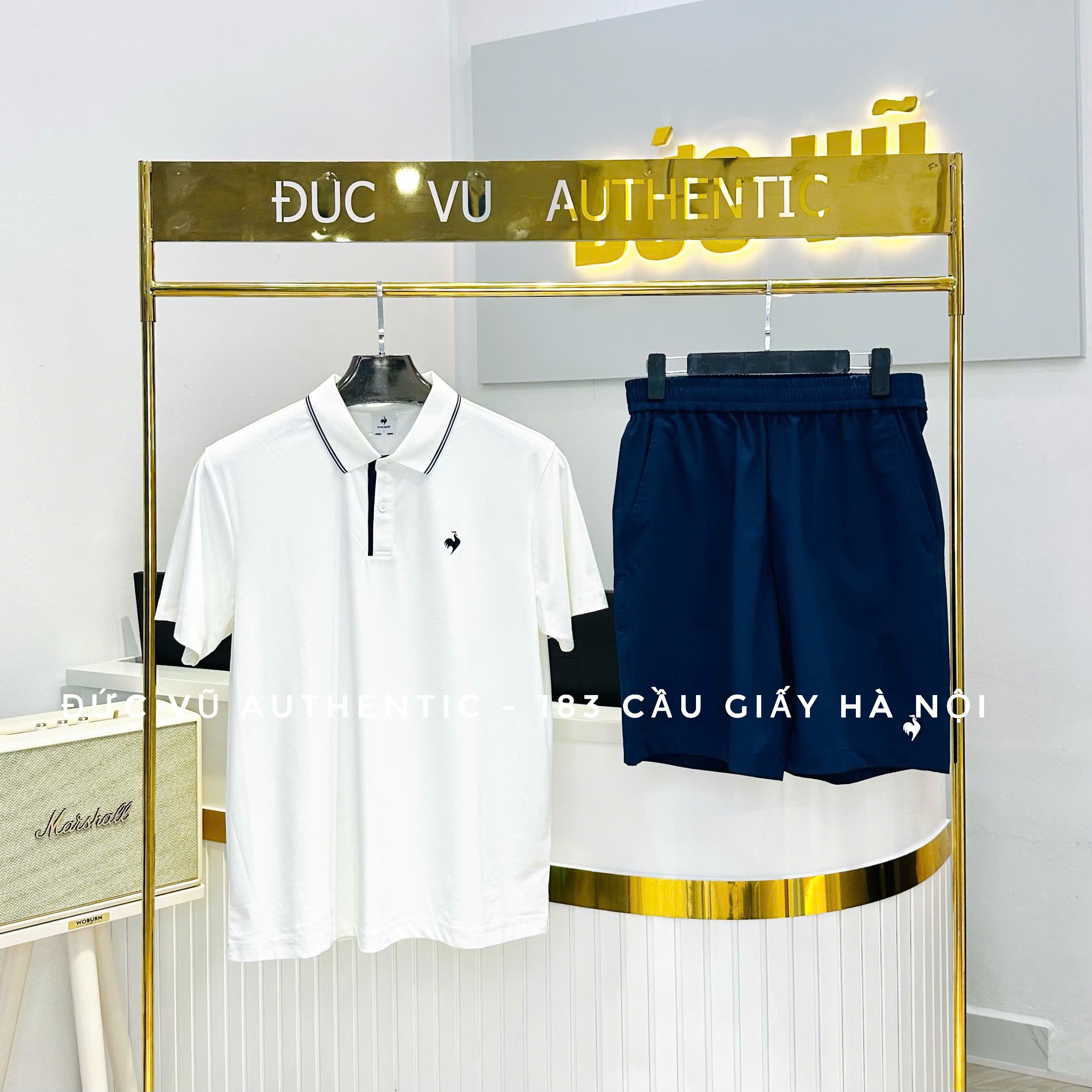 Bộ đồ thể thao nam Polo trắng & Quần short navy