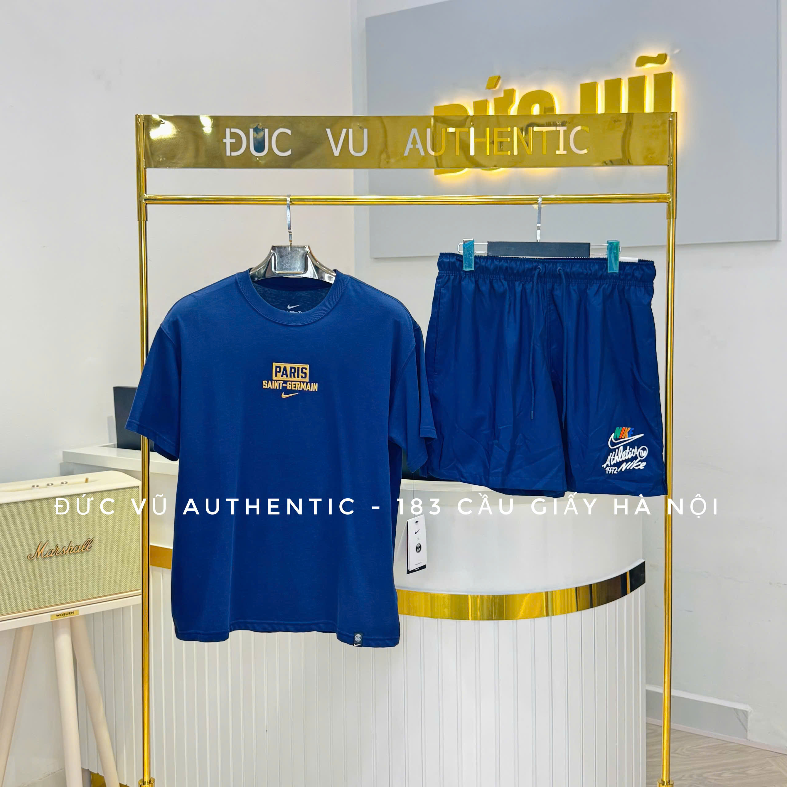 Bộ Paris x Nike Midnight Blue – Áo thun Paris Saint-Germain & quần short thể thao xanh navy