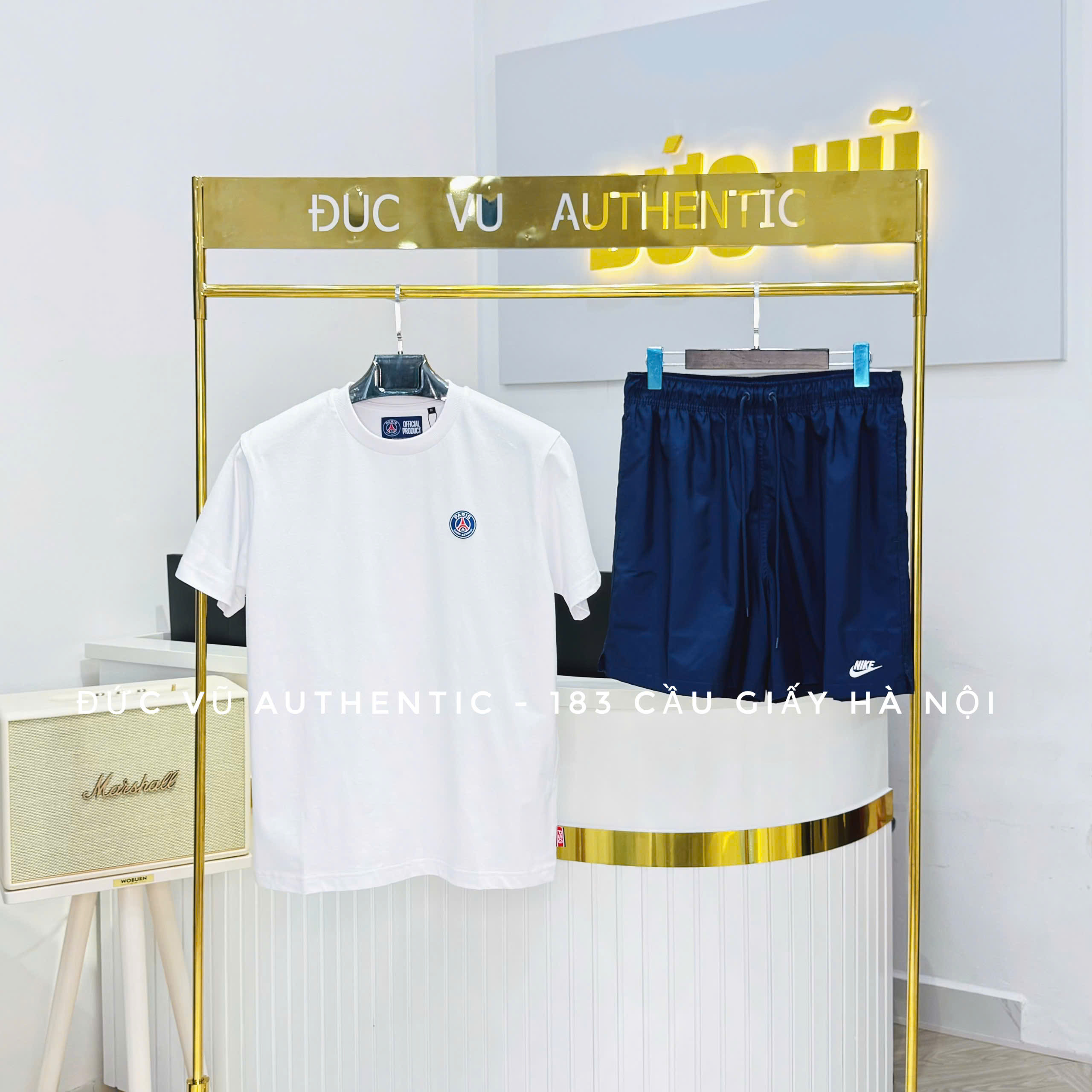 Set PSG x Nike Basic – Áo thun trắng Paris Saint-Germain & Quần short thể thao xanh navy