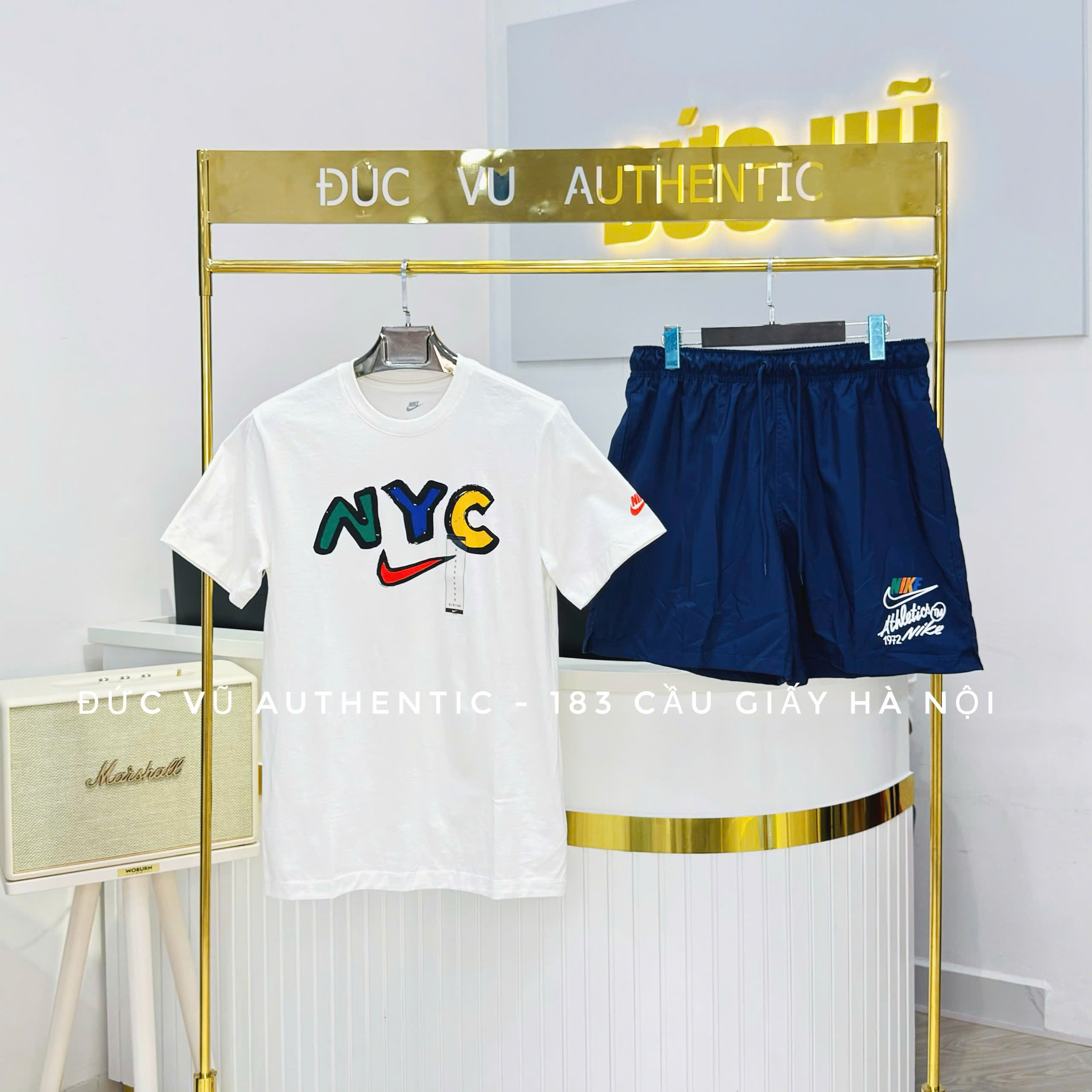 Set Nike NYC Street Style – Áo thun NYC trắng & Quần short thể thao xanh navy
