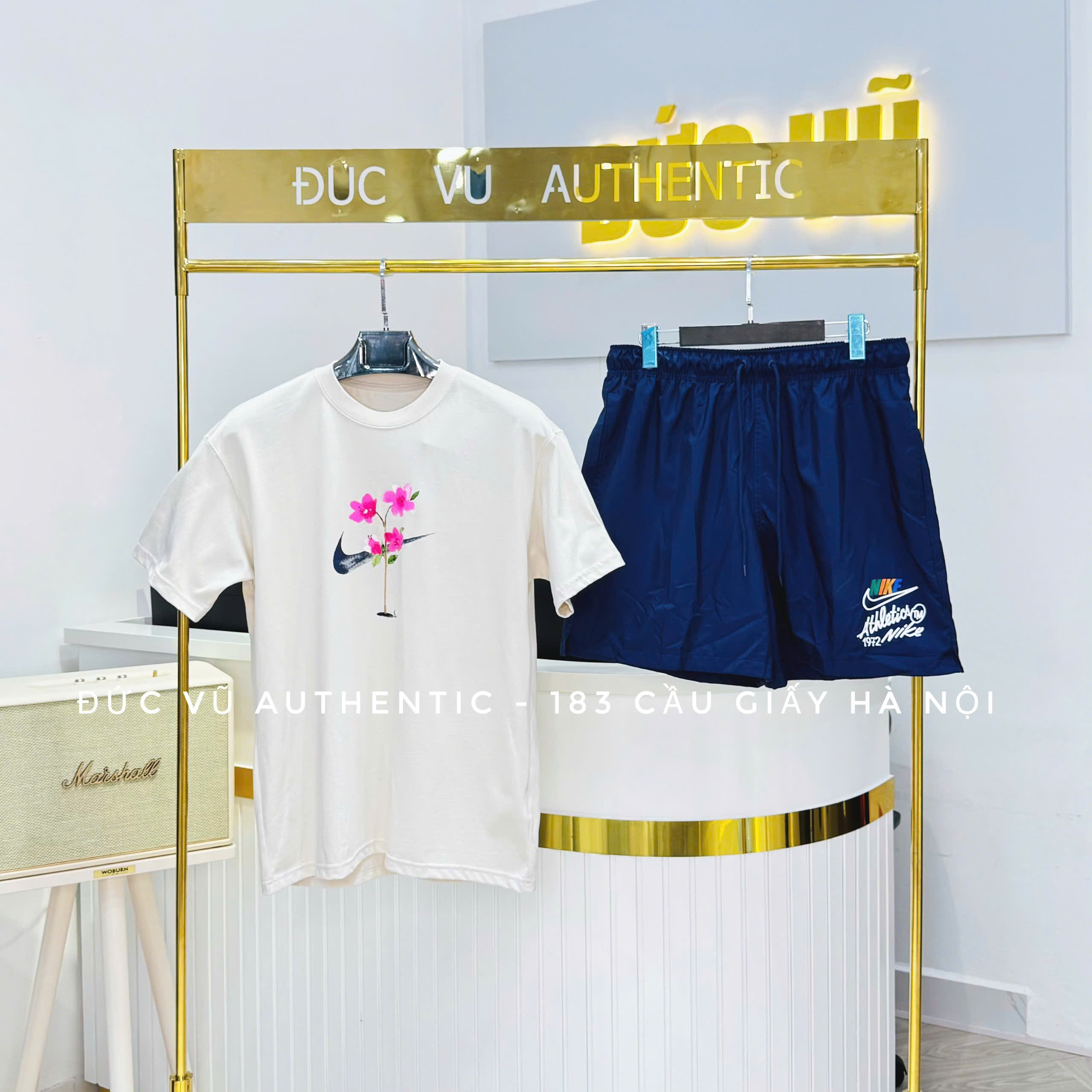 Set Nike Floral Summer – Áo thun trắng họa tiết hoa & Quần short thể thao navy