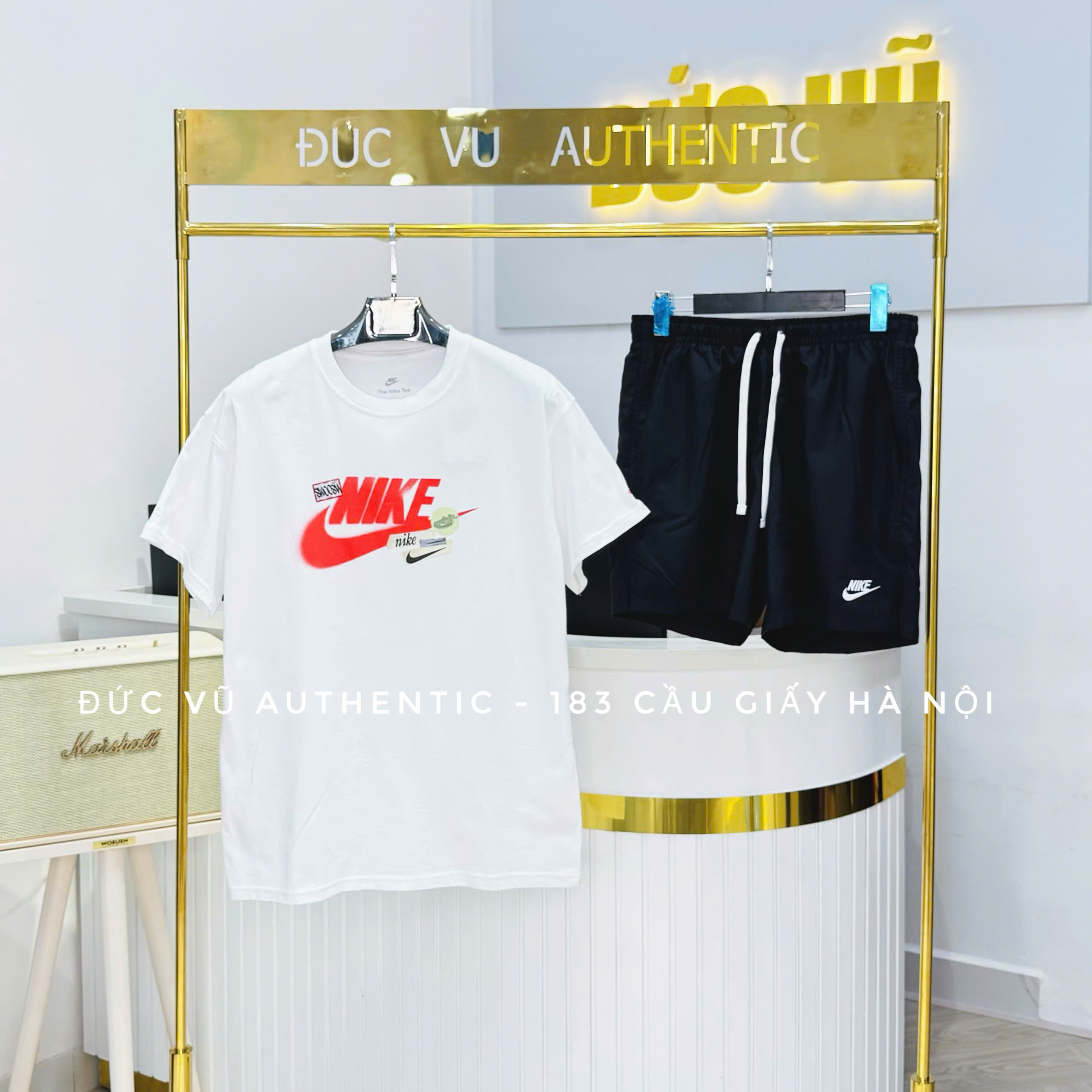 Set Nike Multilogo White – Áo thun Nike nhiều logo & Quần short thể thao đen basic