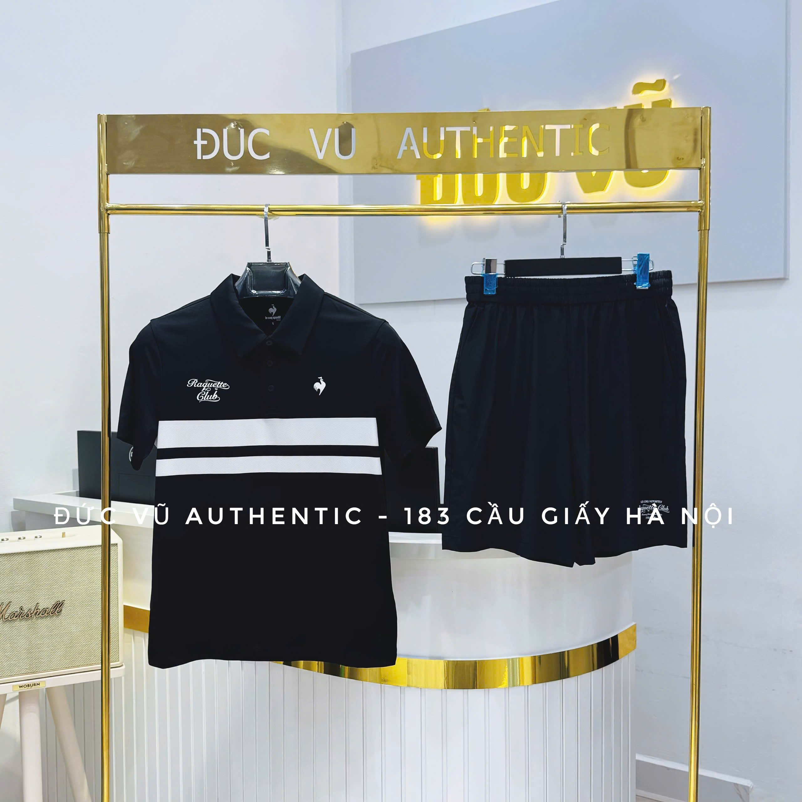 Bộ đồ thể thao nam Polo đen phối sọc trắng & Quần short đen – Đức Vũ Authentic