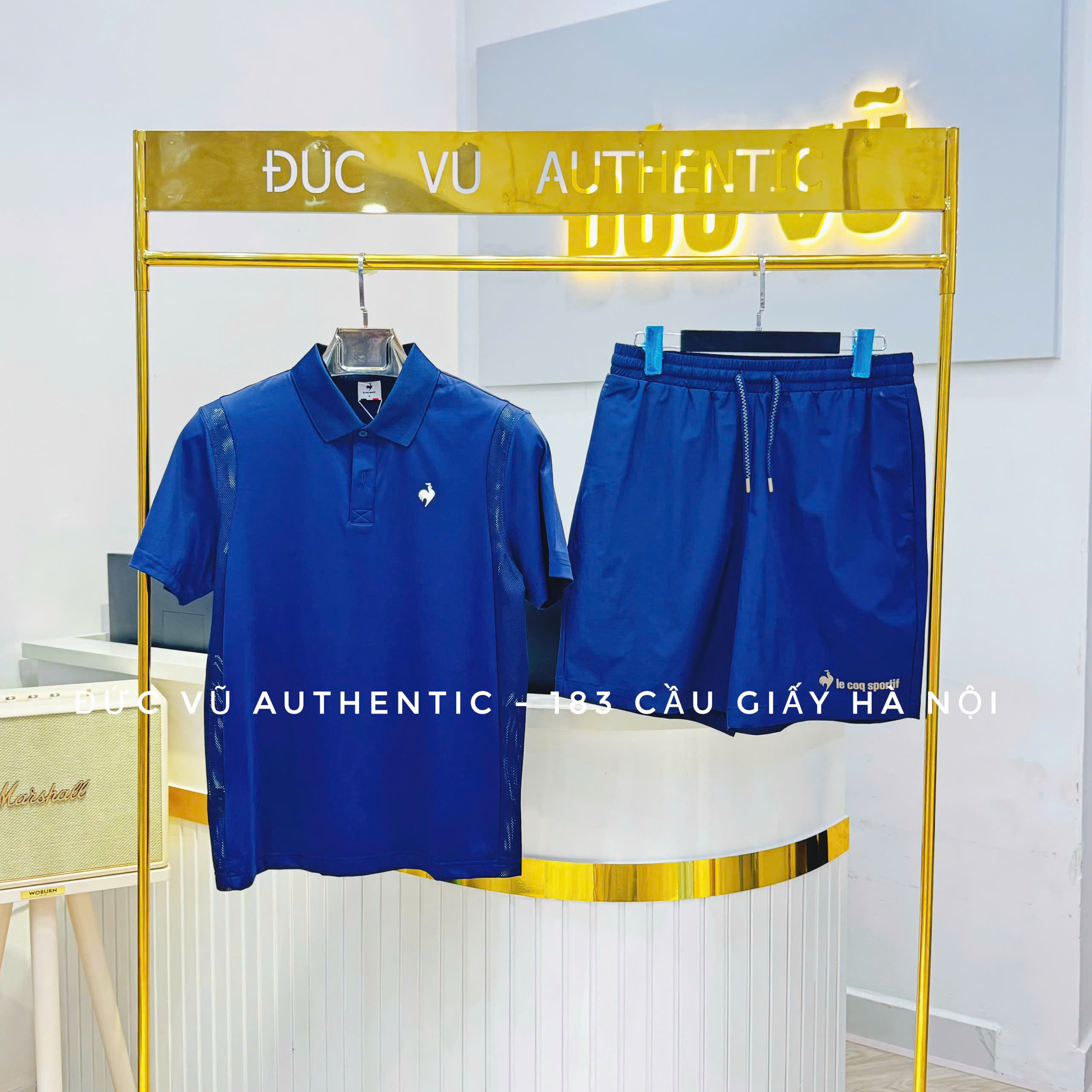 Bộ đồ thể thao nam Polo phối lưới màu xanh biển & Quần short thể thao Le Coq Sportif