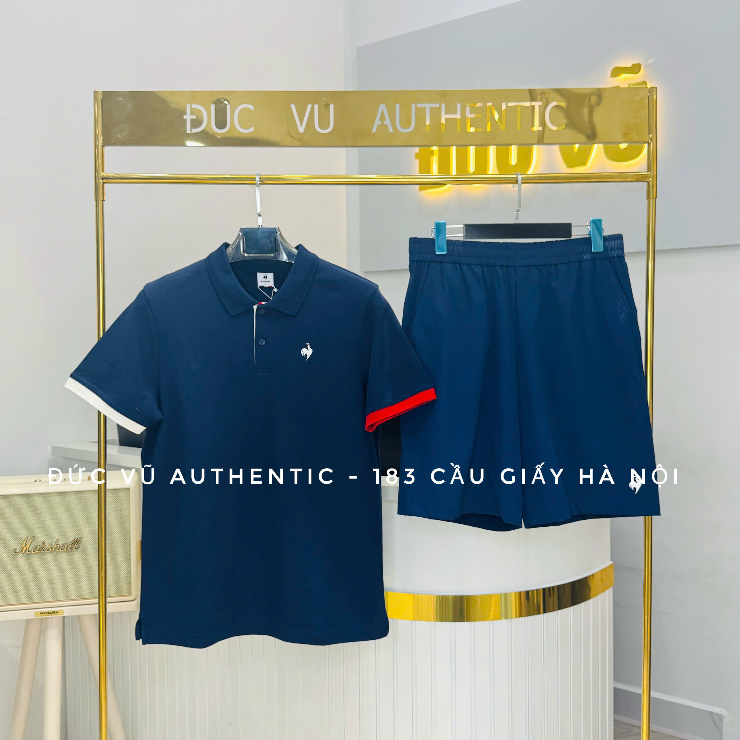 Set thể thao nam Le Coq Sportif màu navy phối tay trắng - đỏ
