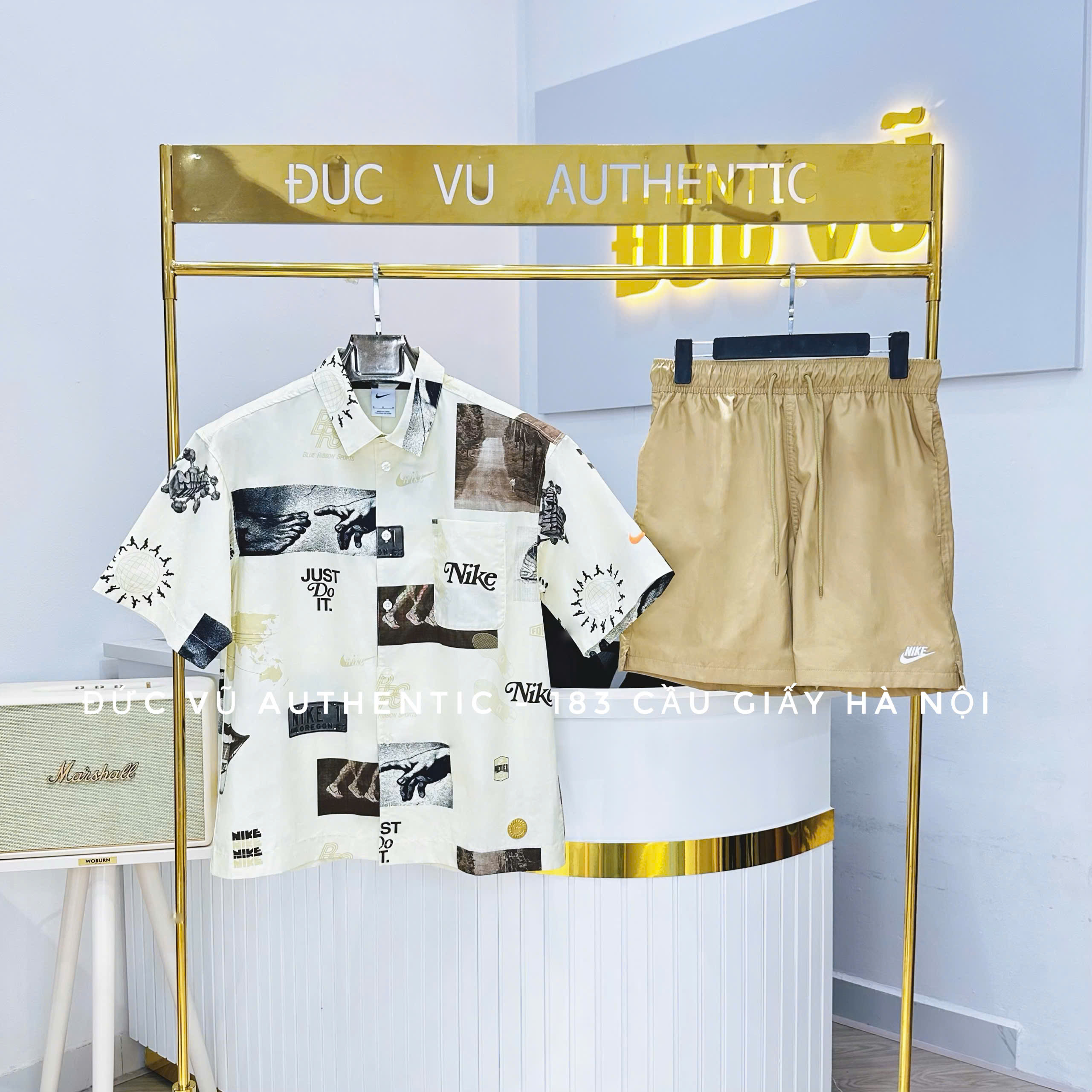 Set Sơ Mi Họa Tiết Nike Nghệ Thuật & Quần Short Kem Basic