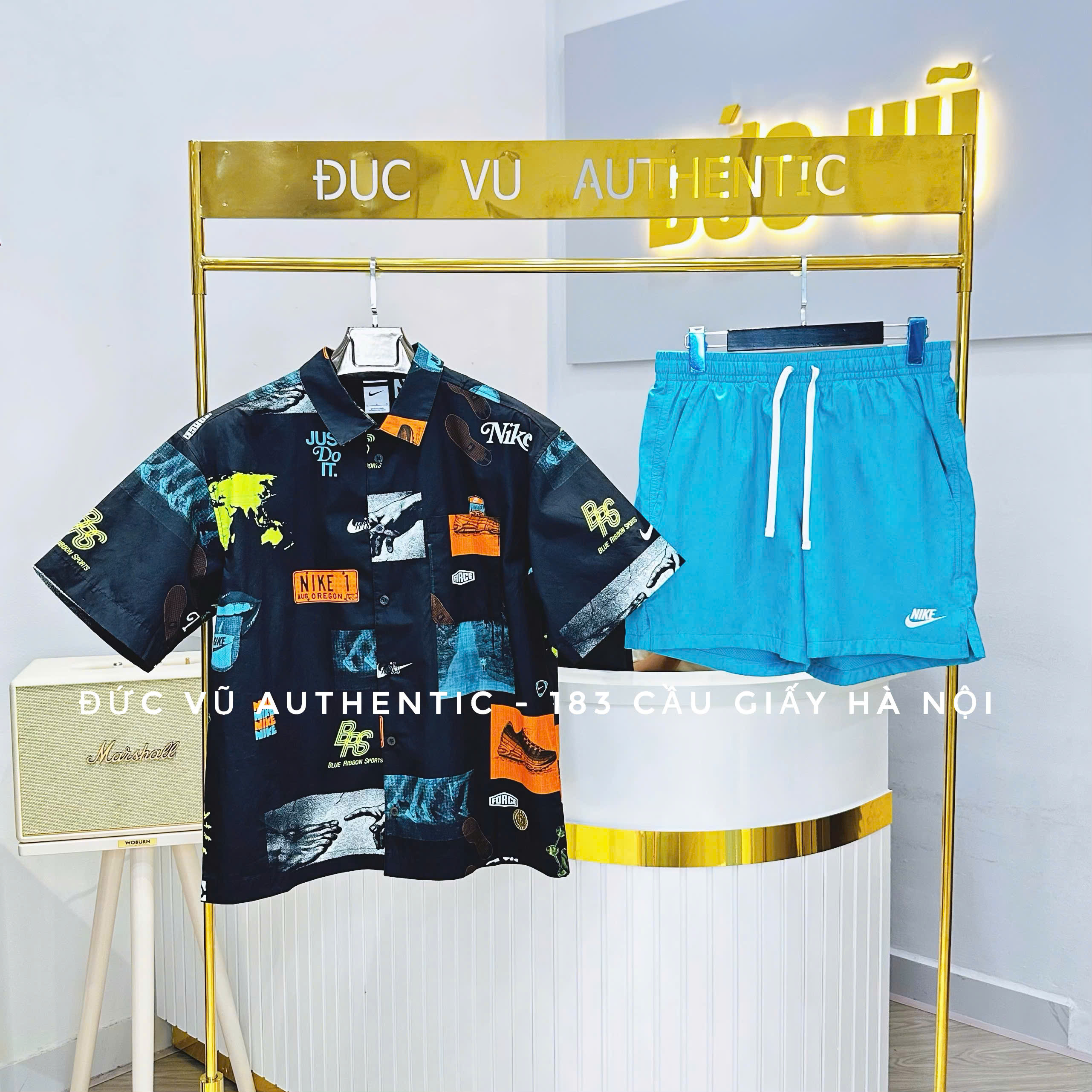 Set Áo Sơ Mi Họa Tiết Nike Retro & Quần Short Thể Thao Xanh Biển