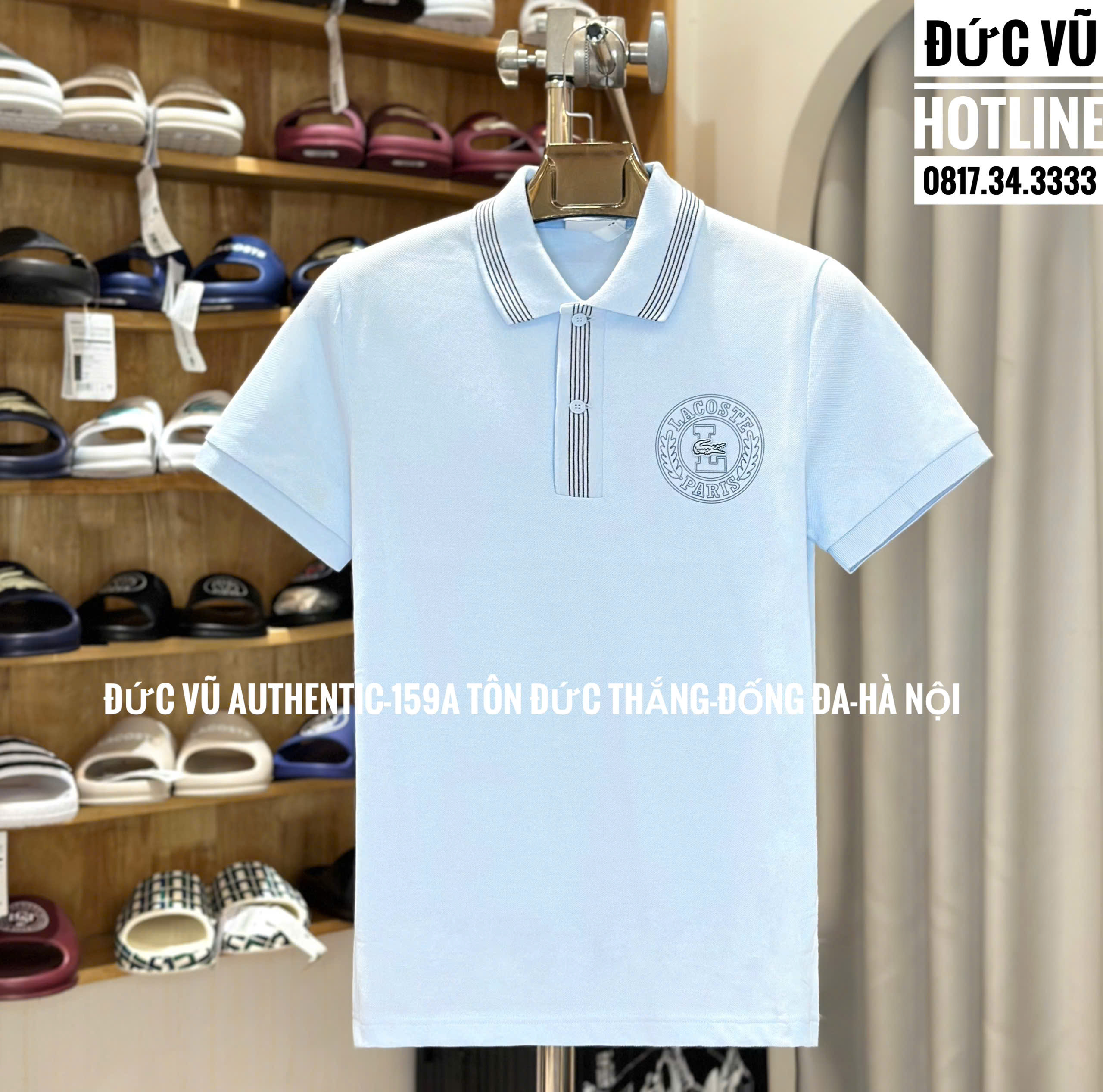 Áo polo nam Lacoste xanh baby – họa tiết logo tròn Paris thêu nổi