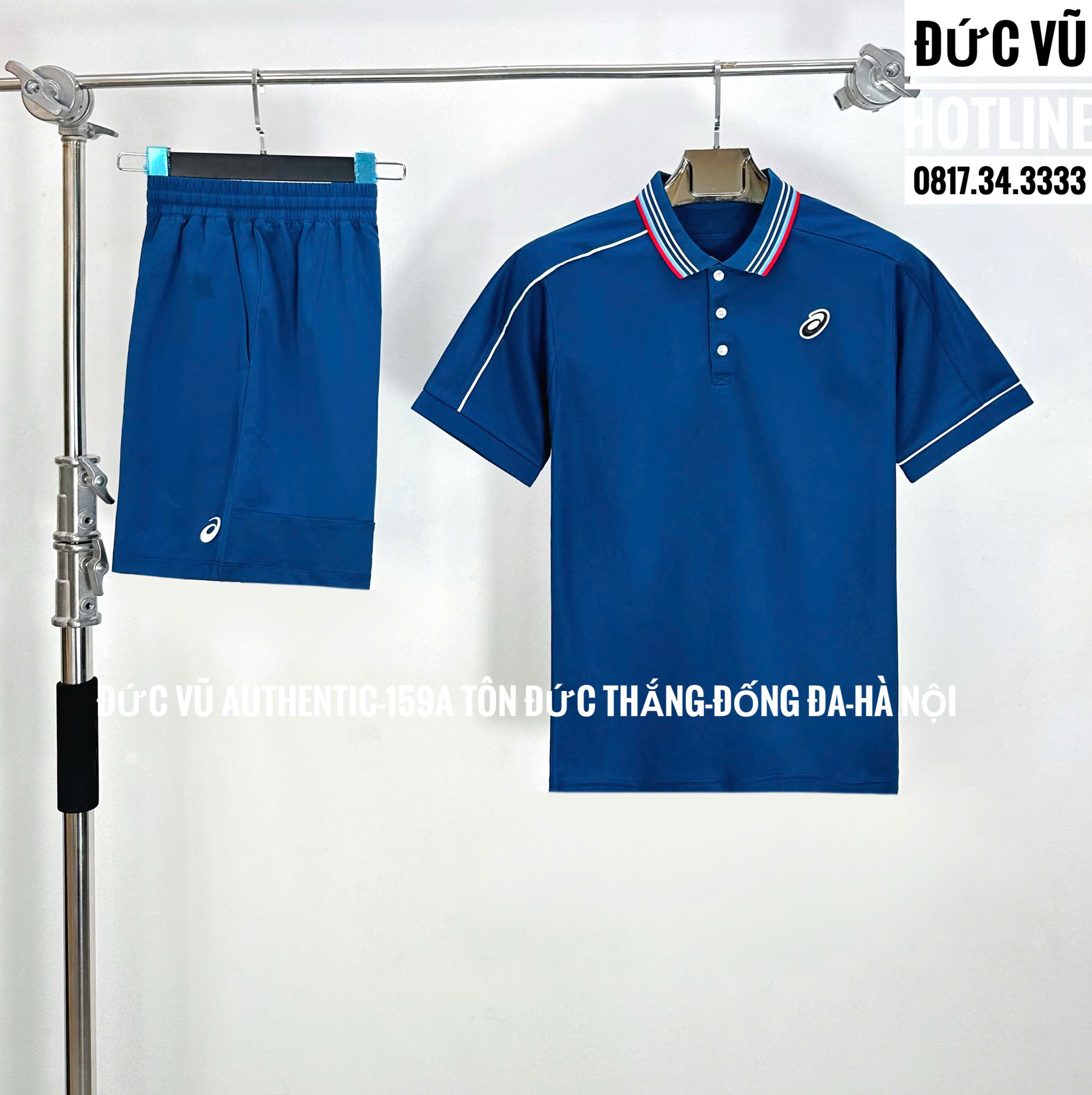 Bộ thể thao nam Asics polo xanh navy phối cổ sọc