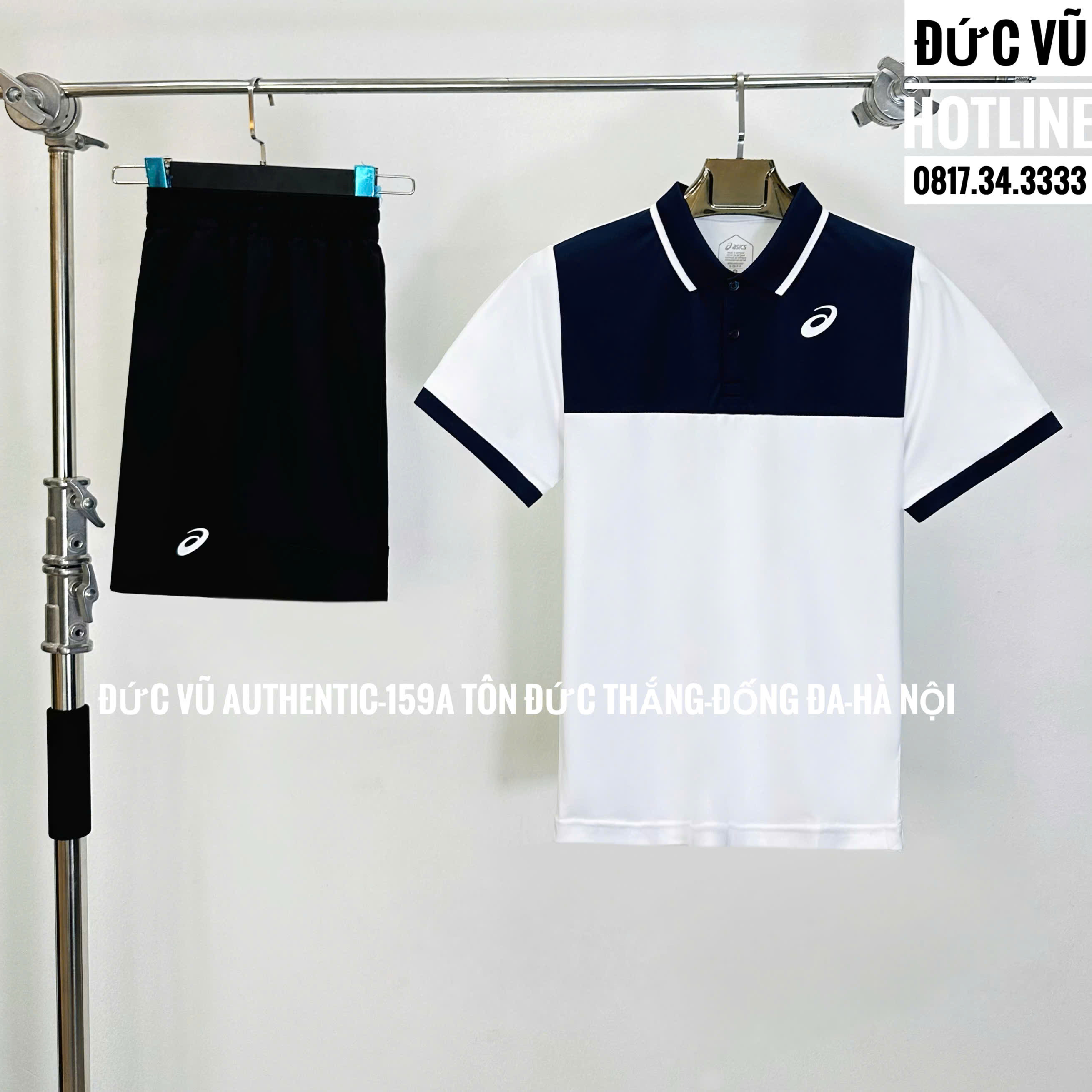 Bộ thể thao nam Asics polo trắng phối xanh navy