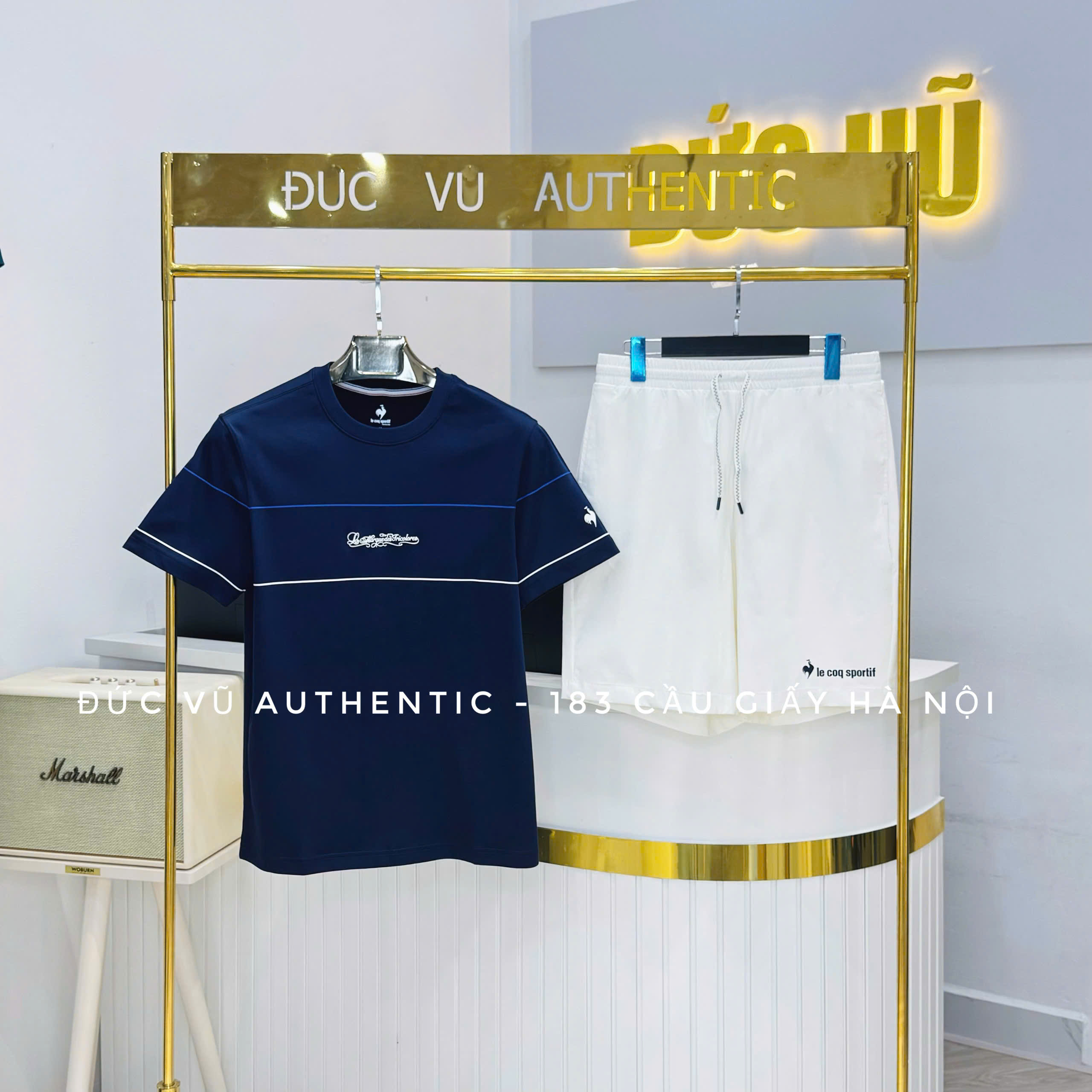 Set đồ thể thao nam Le Coq Sportif xanh navy – trắng
