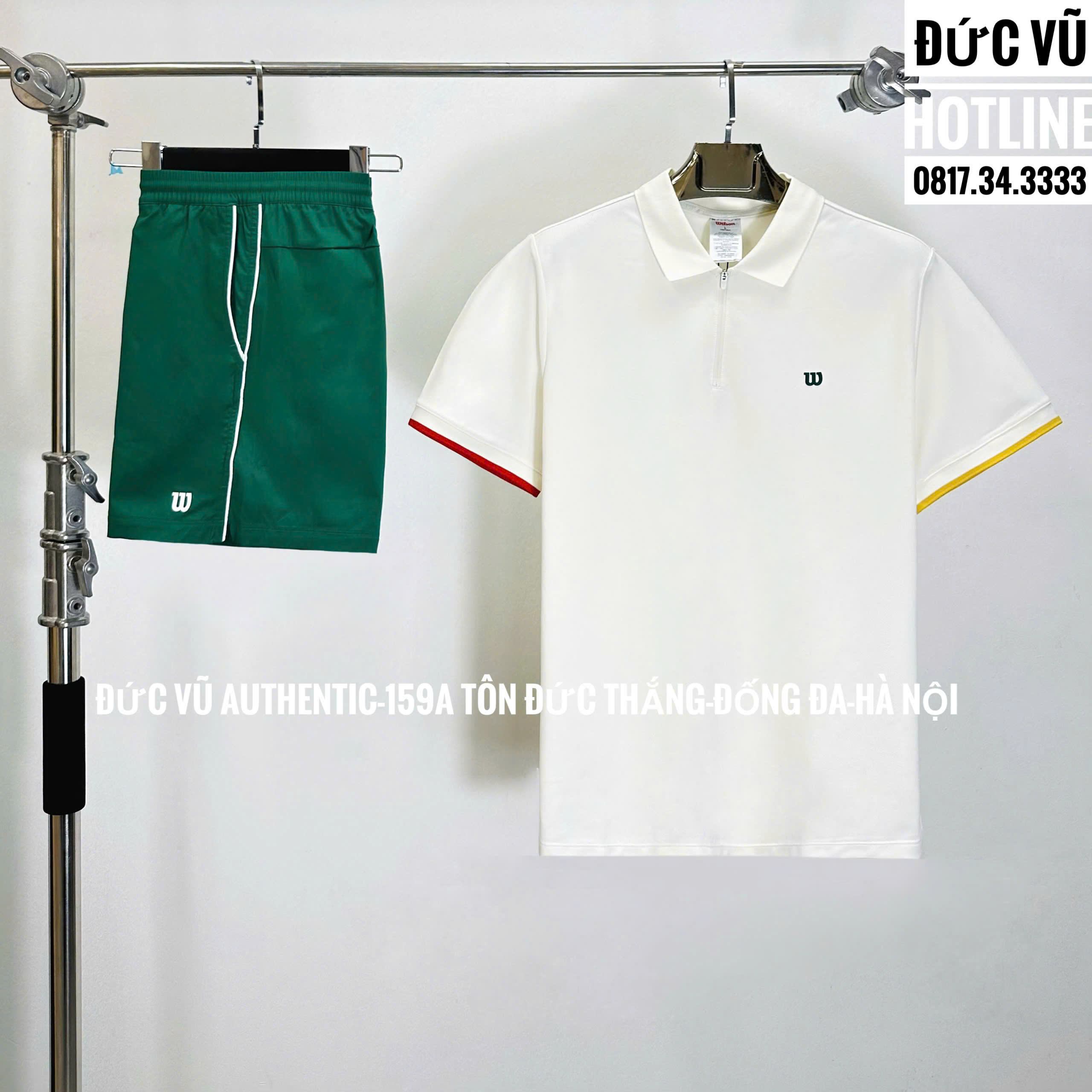 Bộ đồ thể thao Wilson nam – Áo polo trắng và quần short xanh rêu
