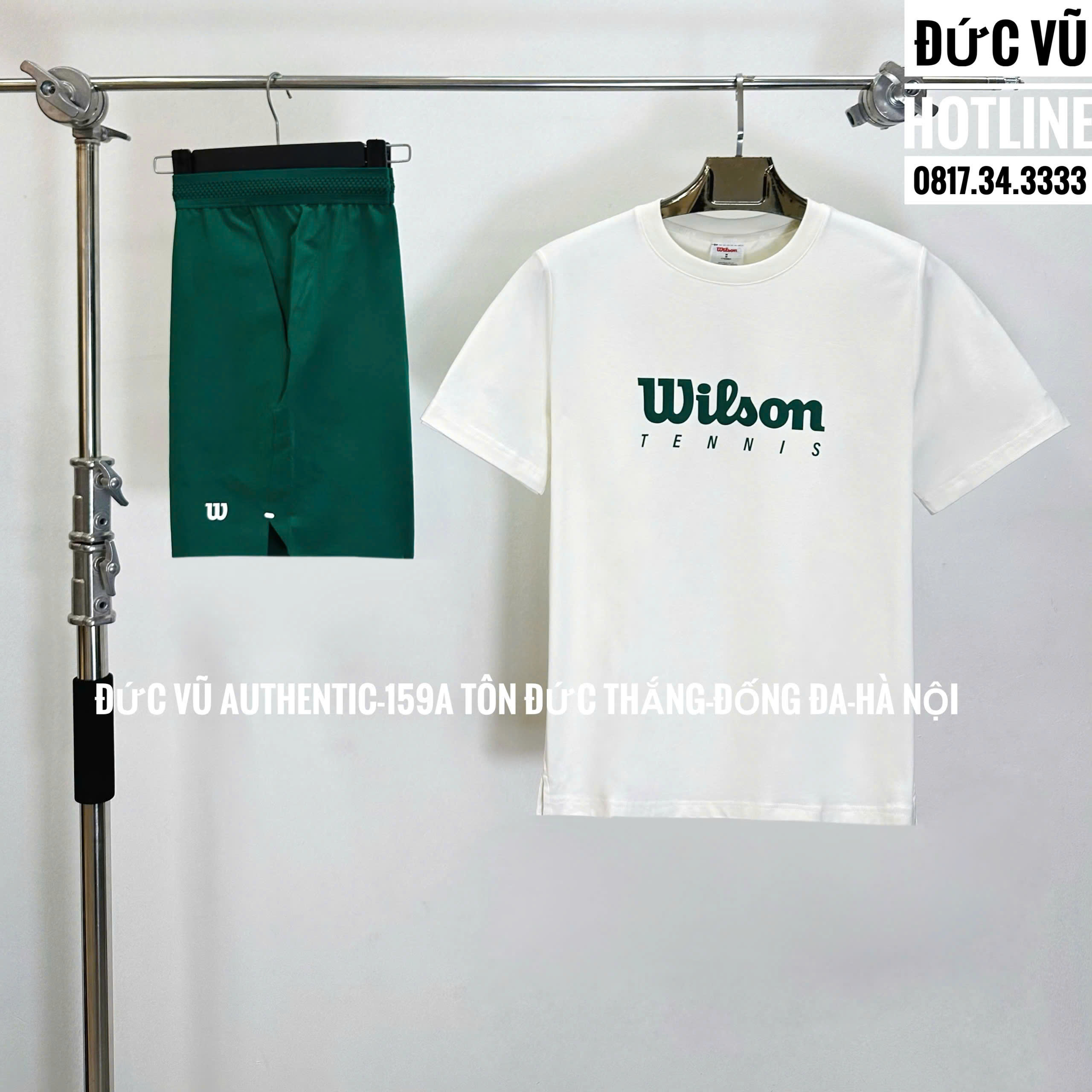 Bộ đồ thể thao Wilson nam – Áo thun trắng & quần short xanh rêu