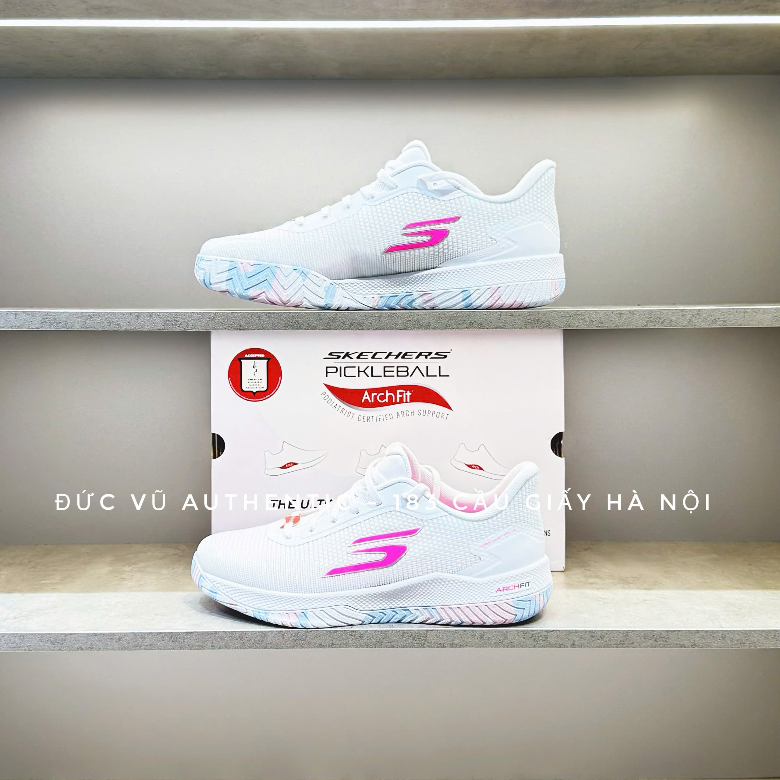 Skechers Pickleball Arch Fit – Trắng Hồng Pastel
