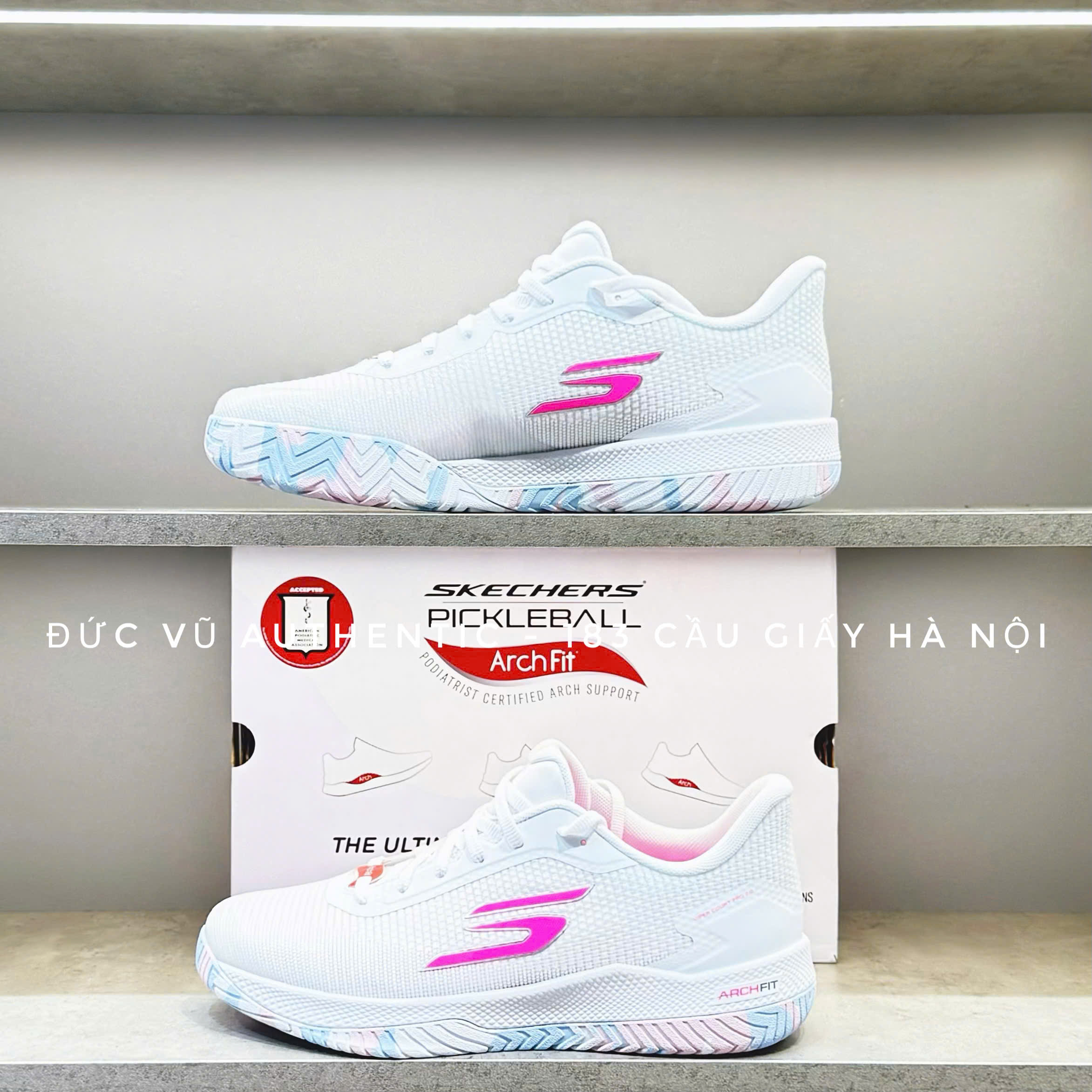 Skechers Pickleball Arch Fit – Trắng Hồng Pastel