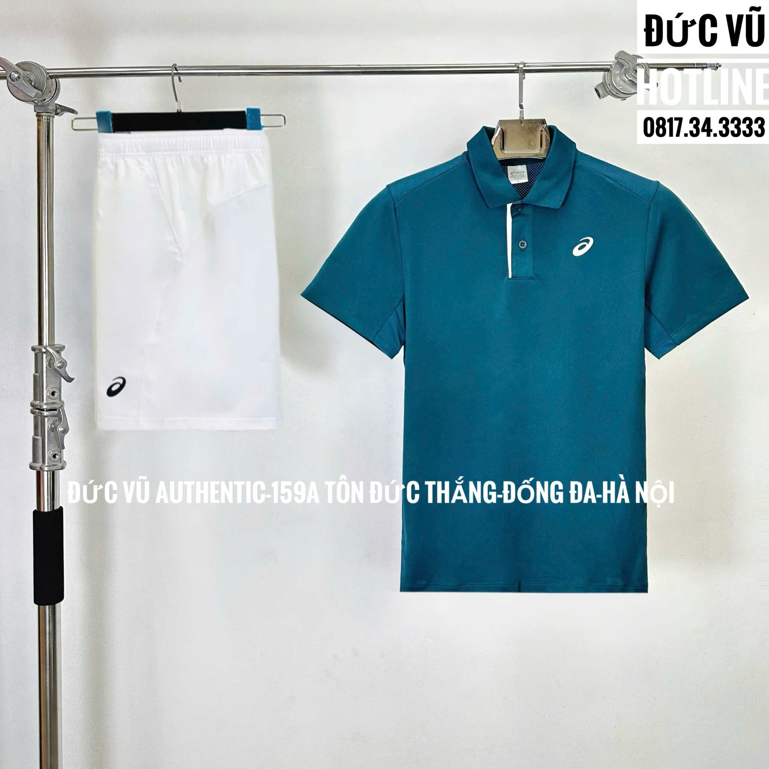Set thể thao nam Asics cổ bẻ – xanh biển & trắng