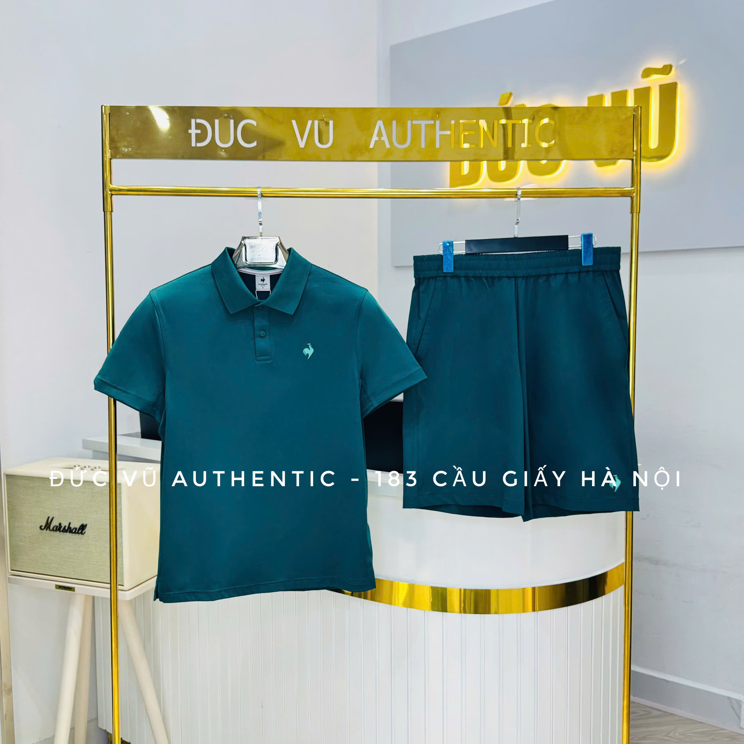Set đồ thể thao nam Le Coq Sportif – Polo xanh cổ vịt & short đồng bộ