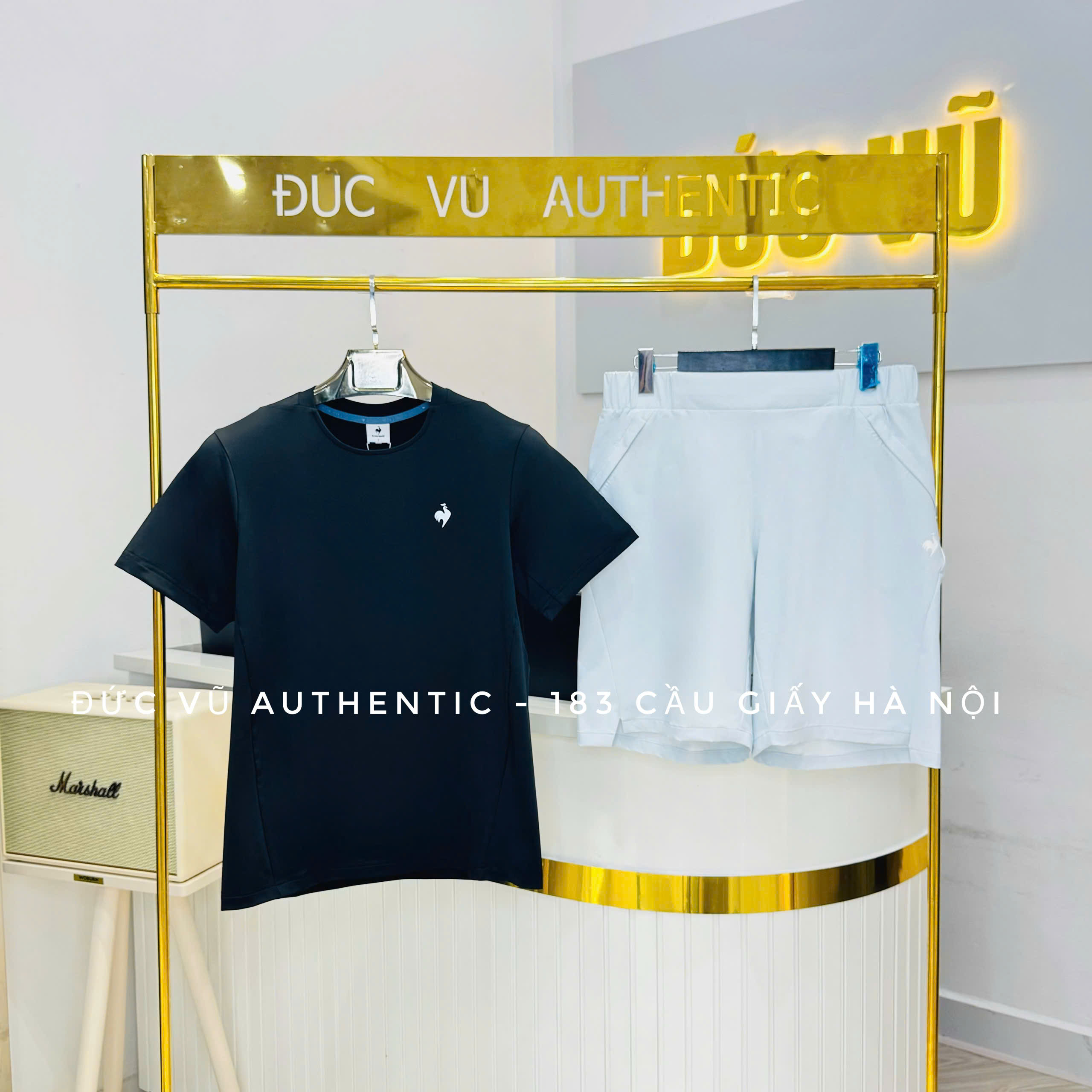 Set đồ thể thao nam Le Coq Sportif – Áo thun đen & short trắng basic