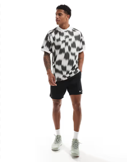 Set thể thao nam Nike: Áo Polo họa tiết đen trắng + Quần short xám trơn