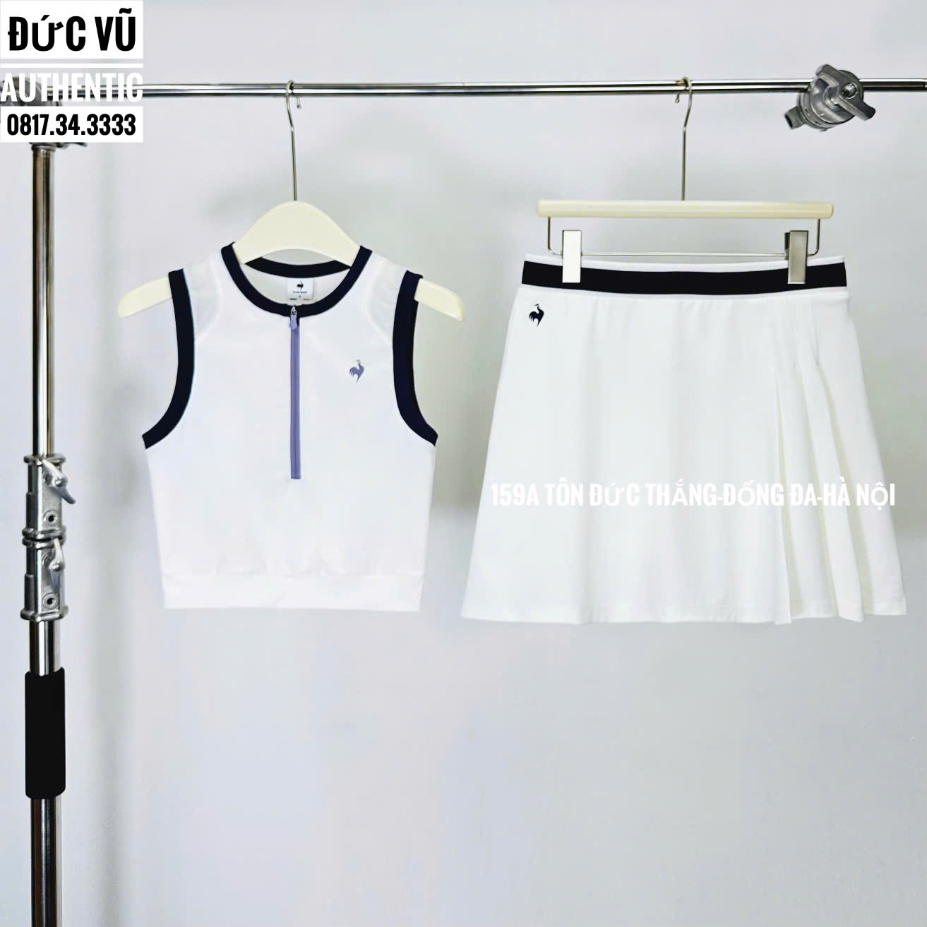 Set Le Coq Sportif Tennis – Áo Croptop Zip & Váy Trắng Nữ Tính