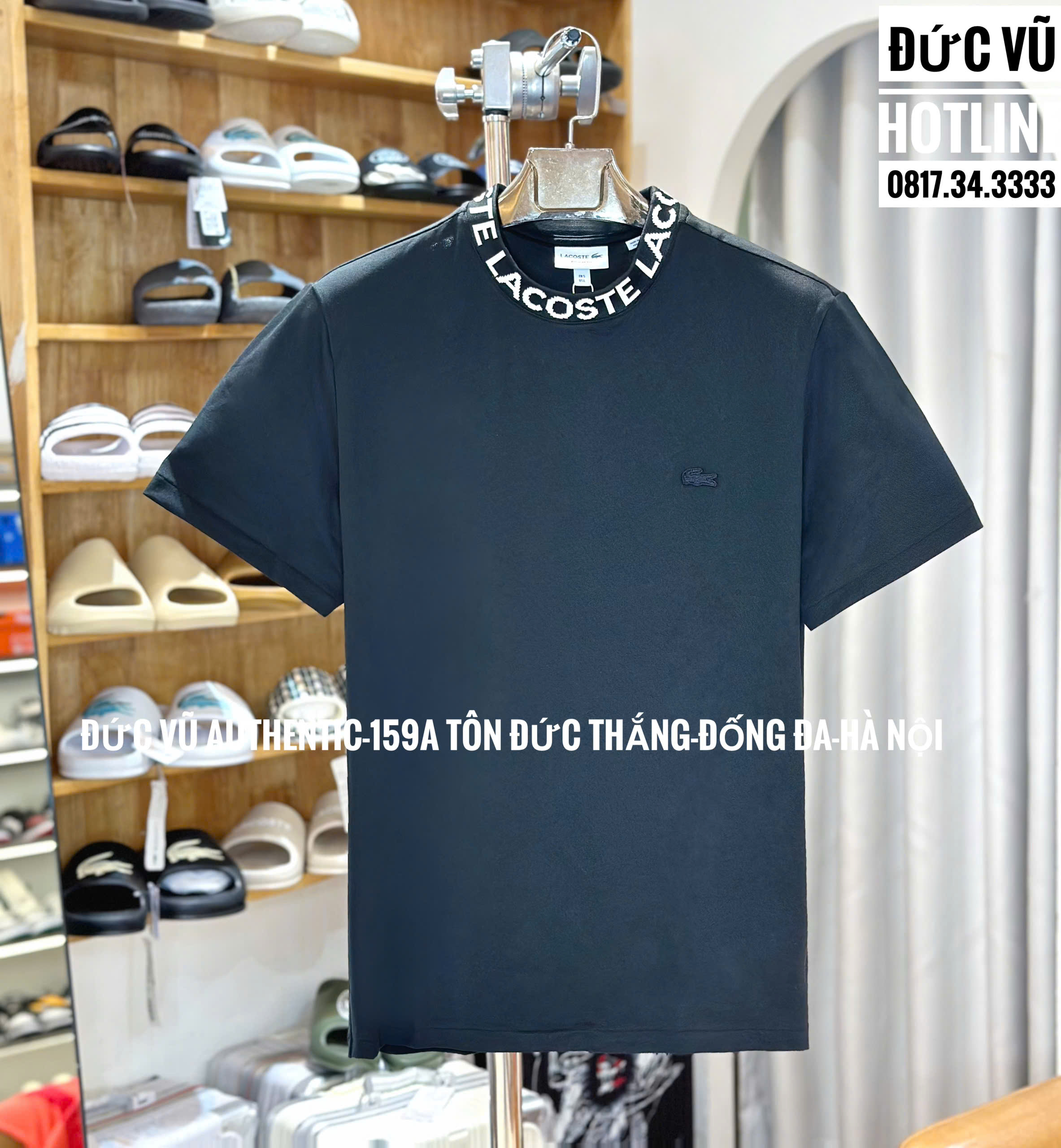 Áo thun nam Lacoste đen cổ viền logo