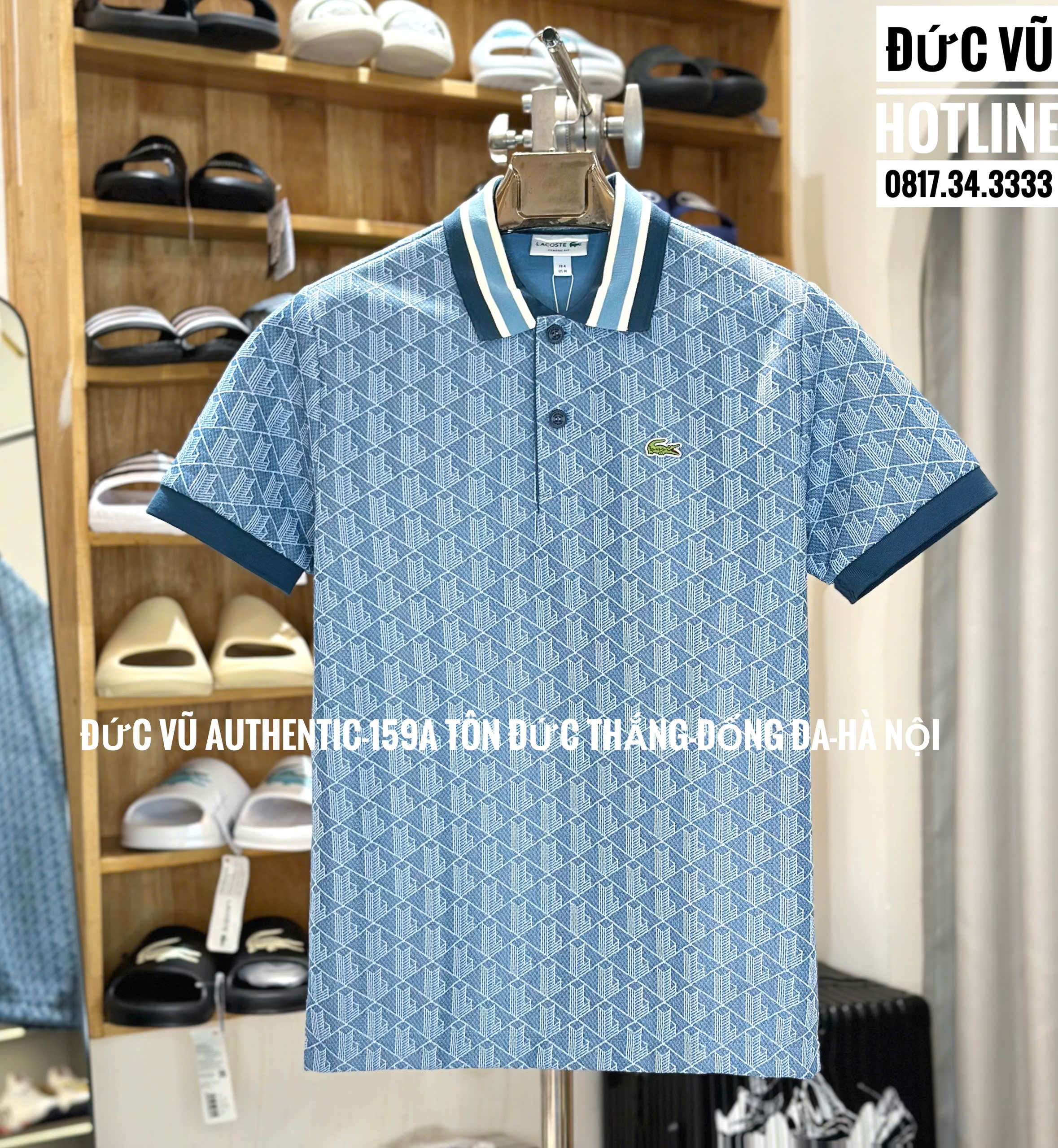 Áo Polo Nam Lacoste Monogram Xanh Dương Cổ Sọc Trắng Xanh
