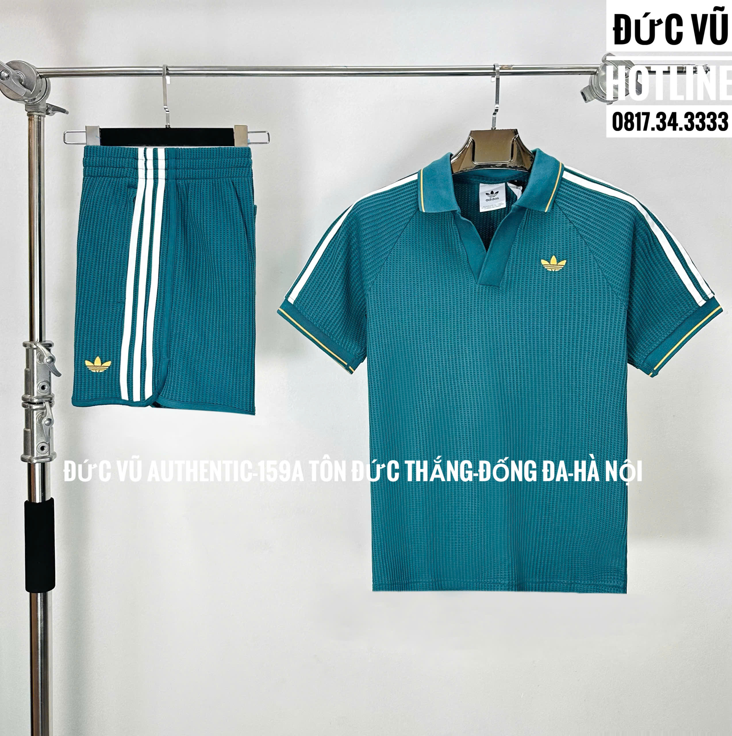 Set đồ thể thao Adidas Originals Polo Ribbed – Xanh teal sọc trắng