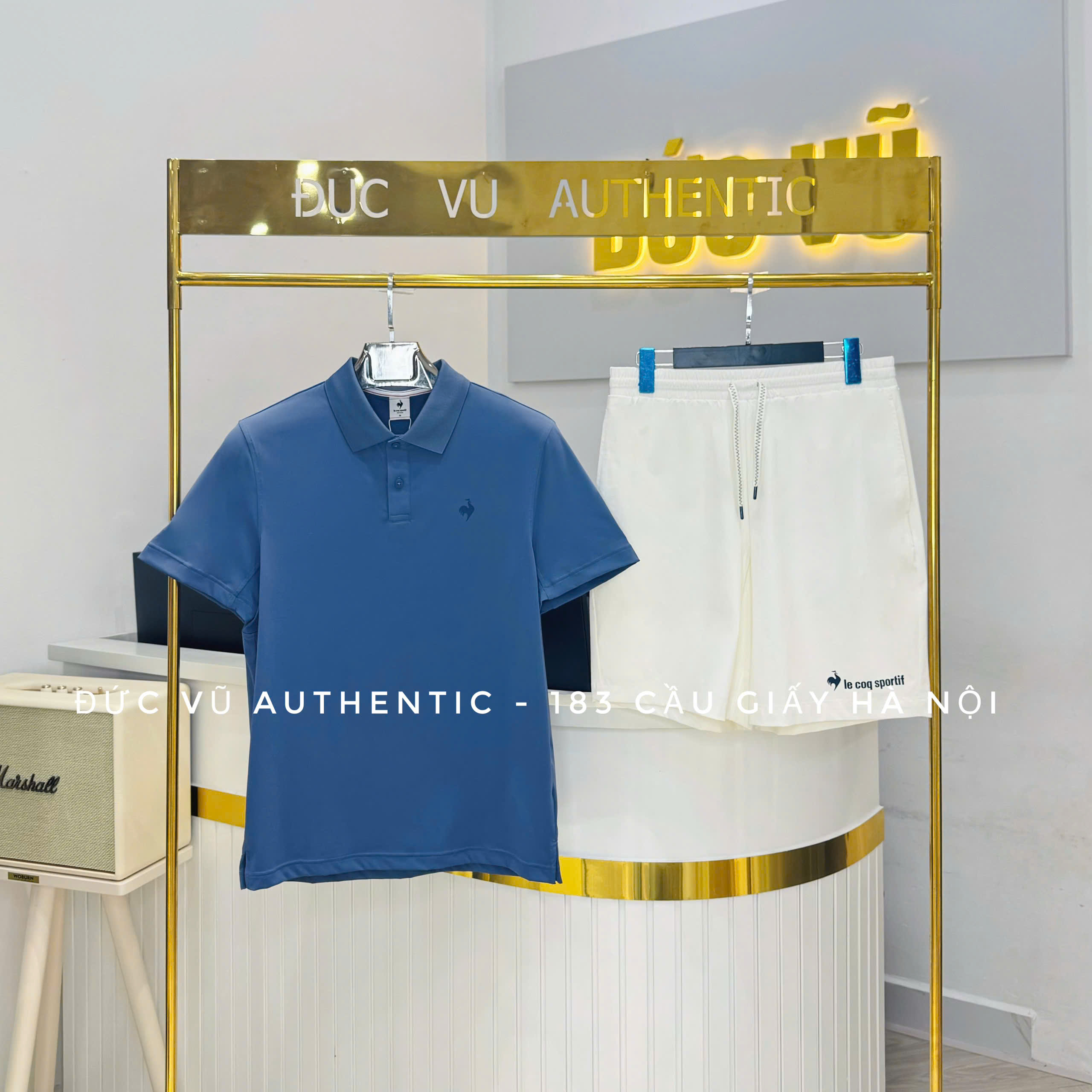 Set thể thao nam Le Coq Sportif Polo Xanh Navy & Short Trắng