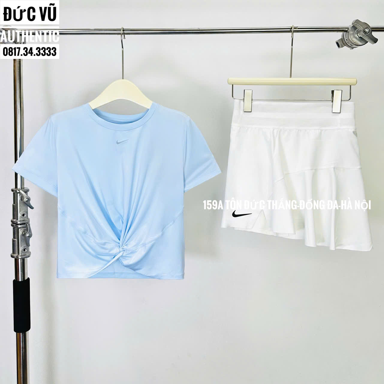 Set thể thao nữ Nike xanh pastel – Áo croptop xoắn + váy tennis trắng