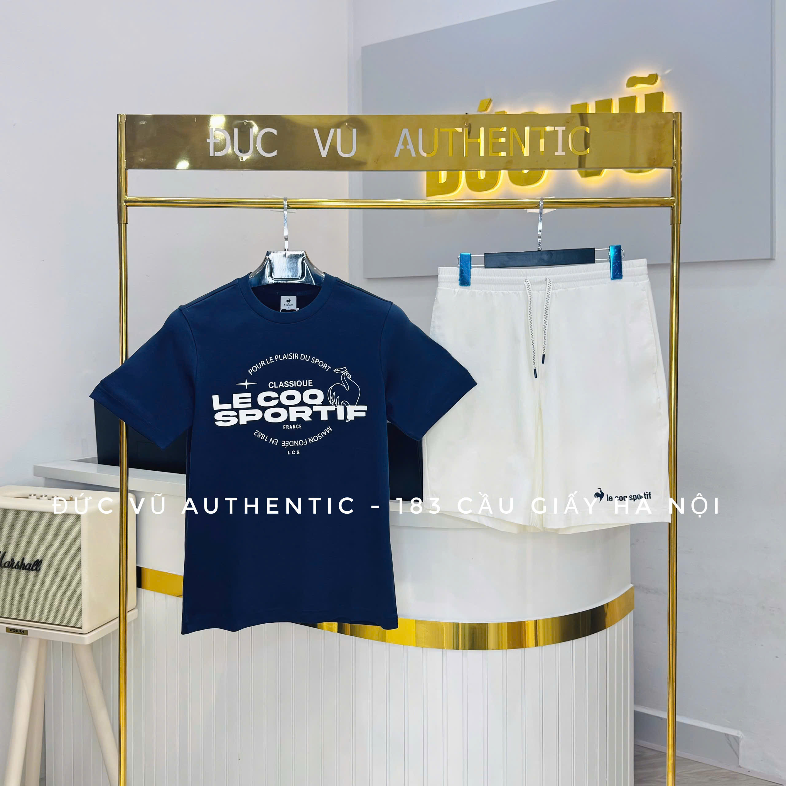 Set thể thao nam Le Coq Sportif Navy Logo Tee & White Shorts