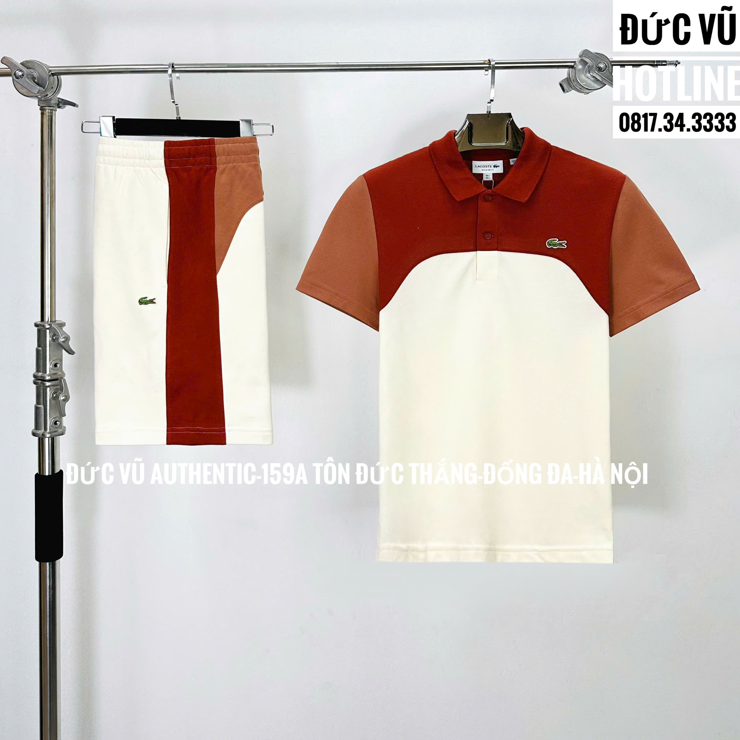 Set đồ thể thao nam Lacoste Polo phối màu đỏ kem